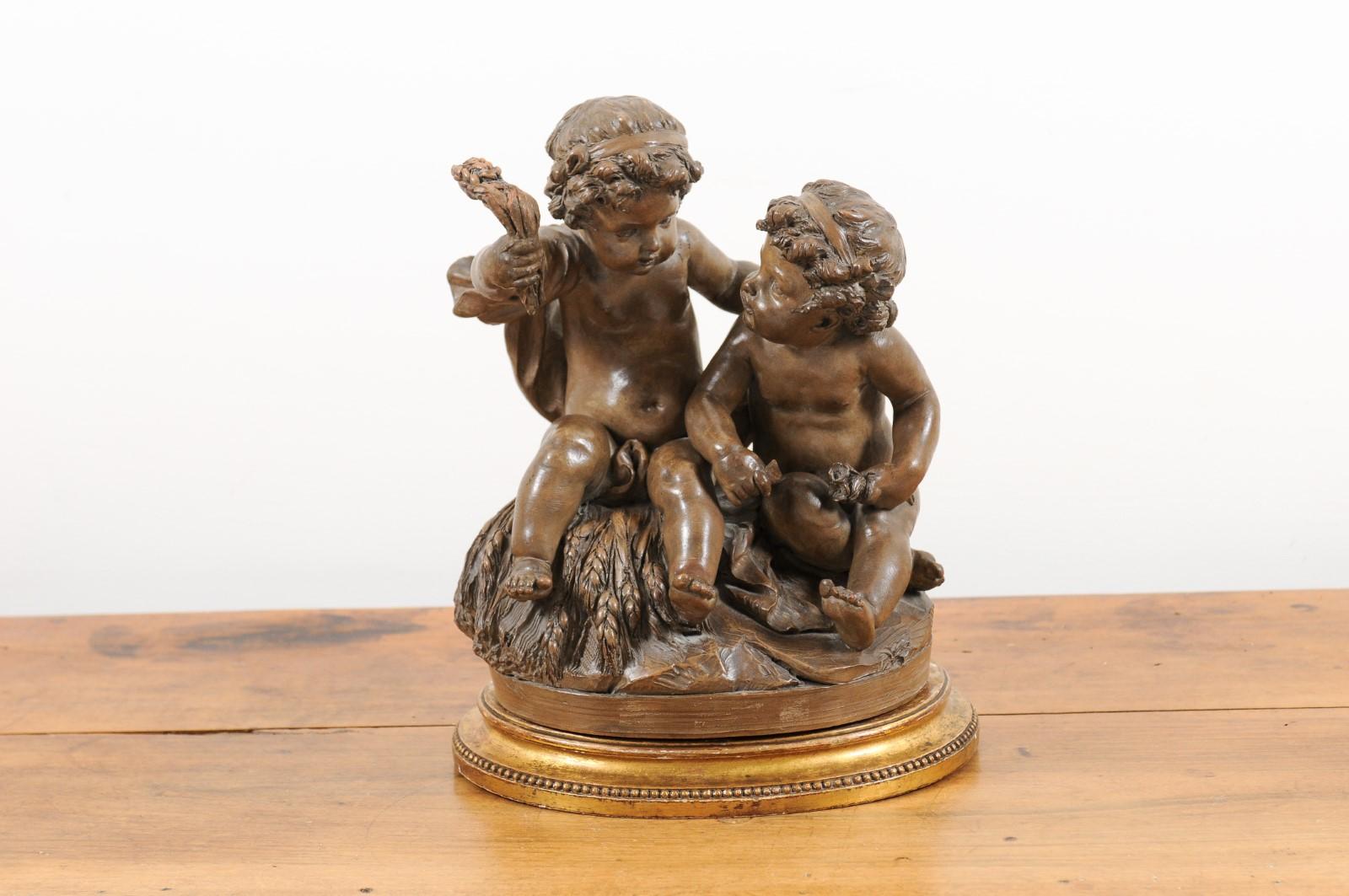 Petite French 1830s Louis-Philippe Terracotta Sculpture of Two Putti on a Base 8
