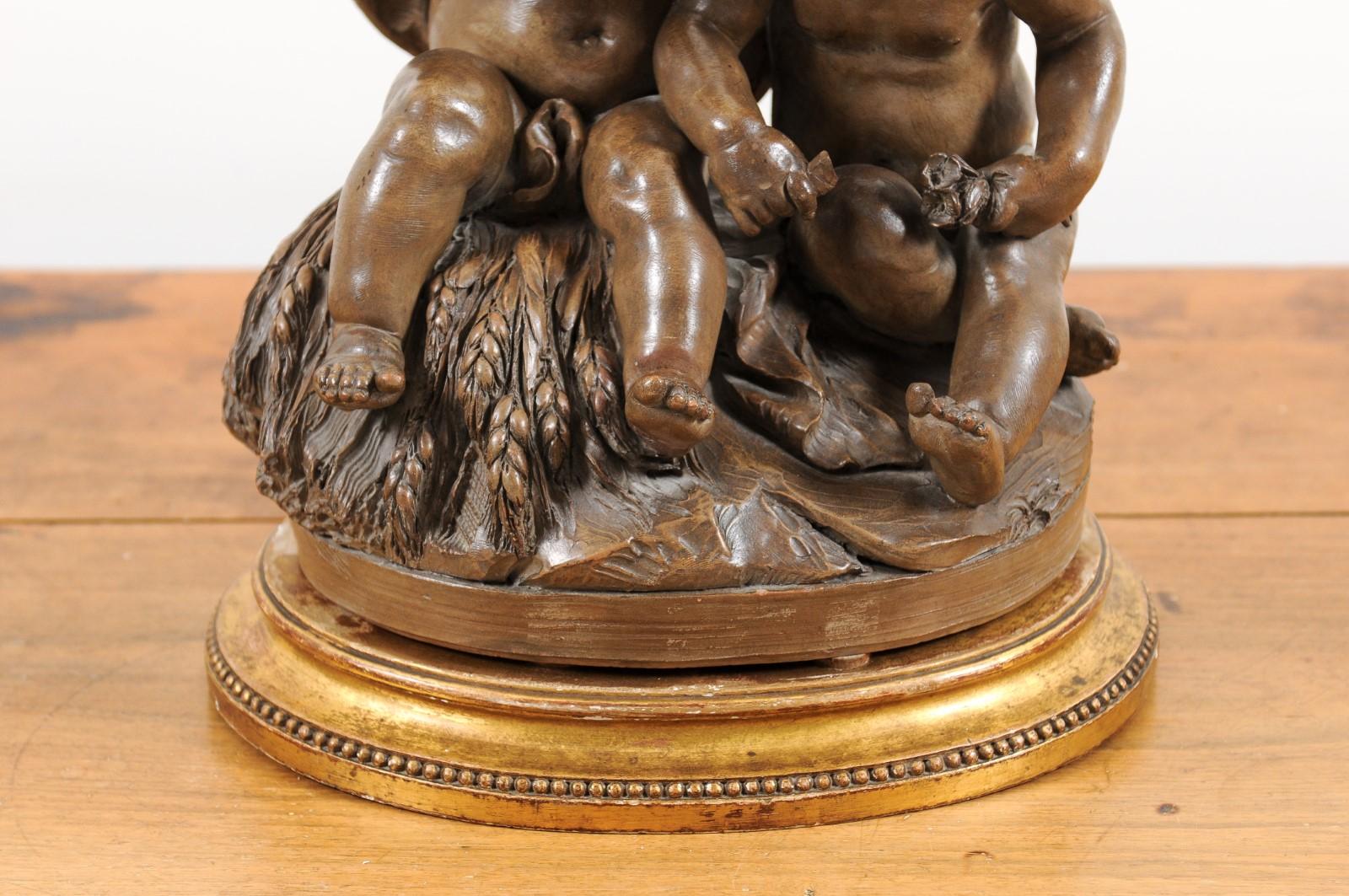19th Century Petite French 1830s Louis-Philippe Terracotta Sculpture of Two Putti on a Base