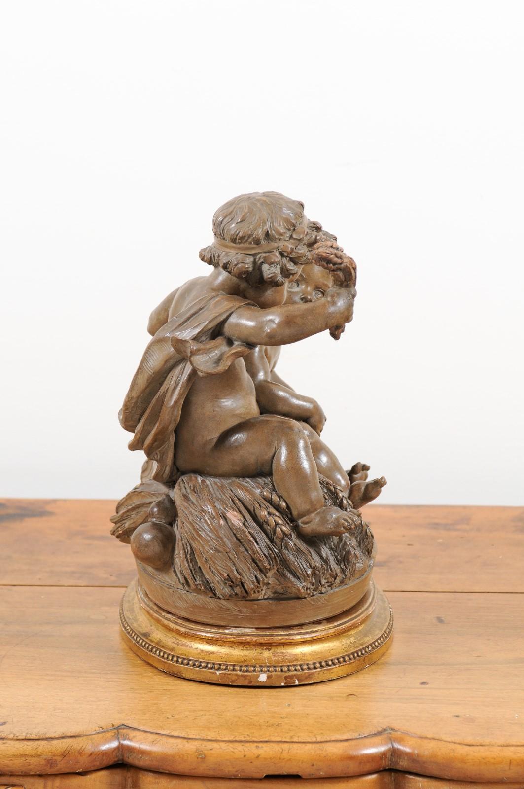 Petite French 1830s Louis-Philippe Terracotta Sculpture of Two Putti on a Base 2