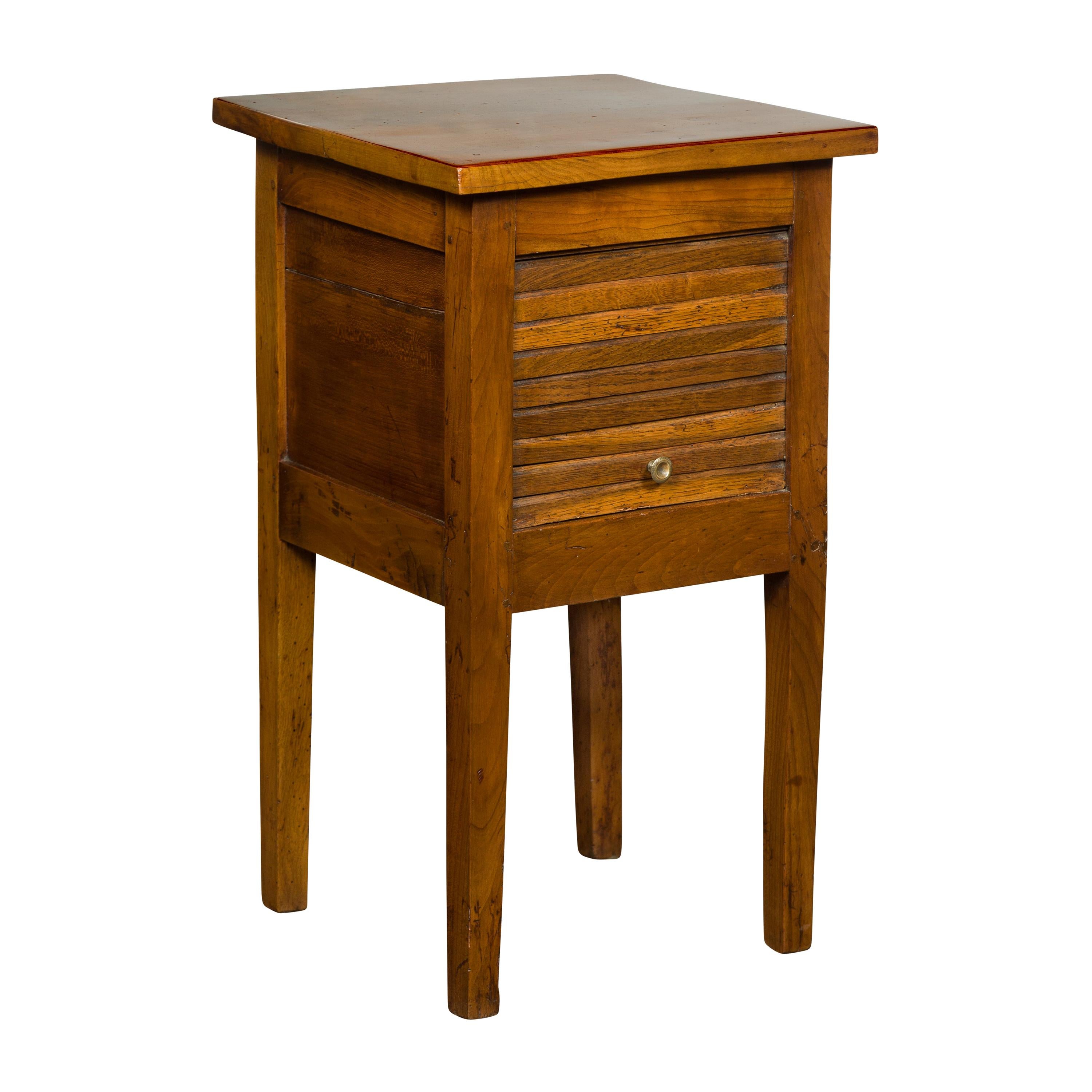 Petite French 1870s Walnut Side Table with Tambour Door and Tapering Legs