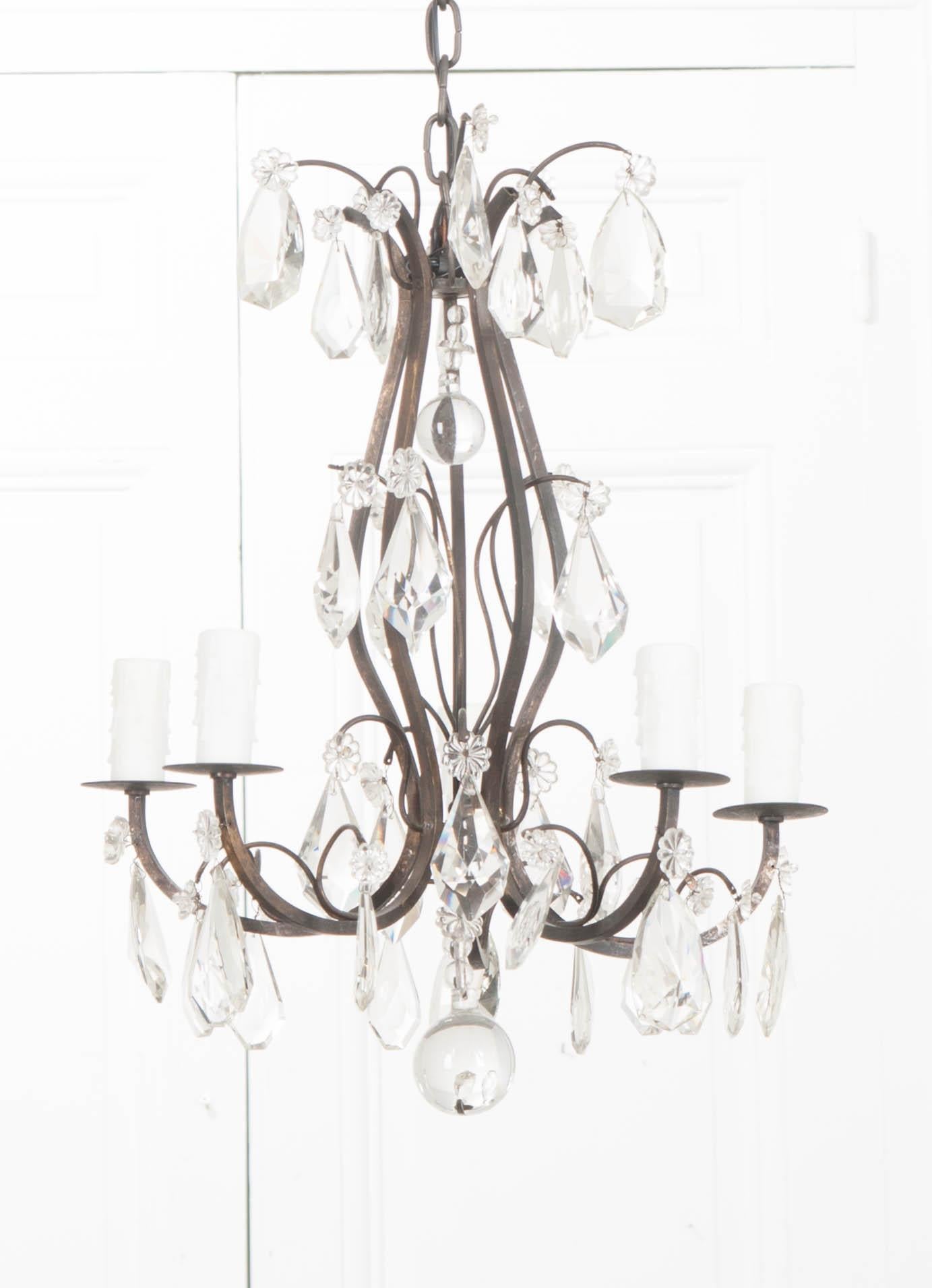 Metal Petite French 19th Century Five-Light Crystal Chandelier