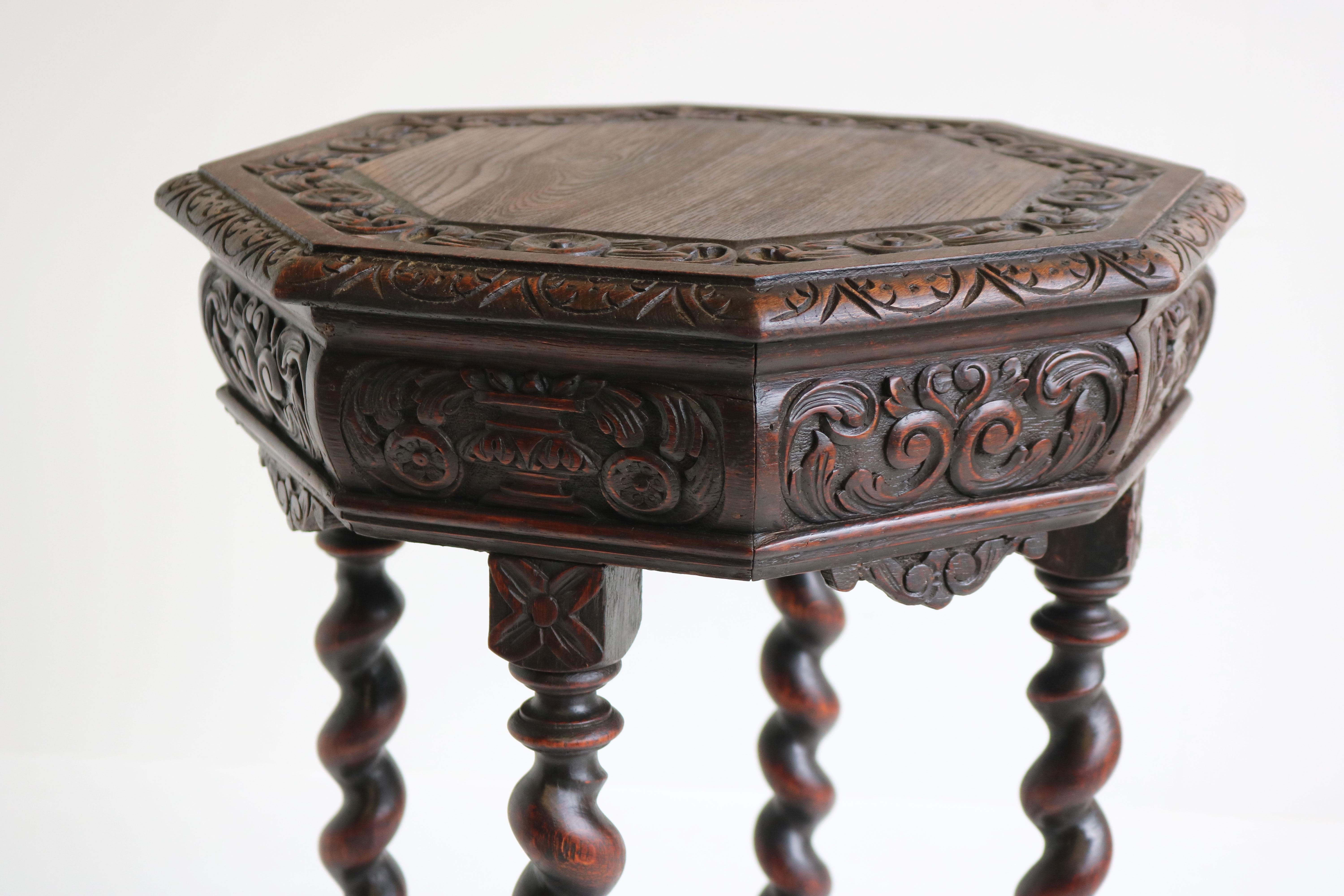 Carved Petite French 19th Century Renaissance Center Table Side End Barley Twisted Oak
