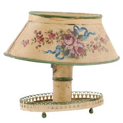 Petite French 19th Century Tôle Table Lamp with Painted Bouquet of Pink Roses