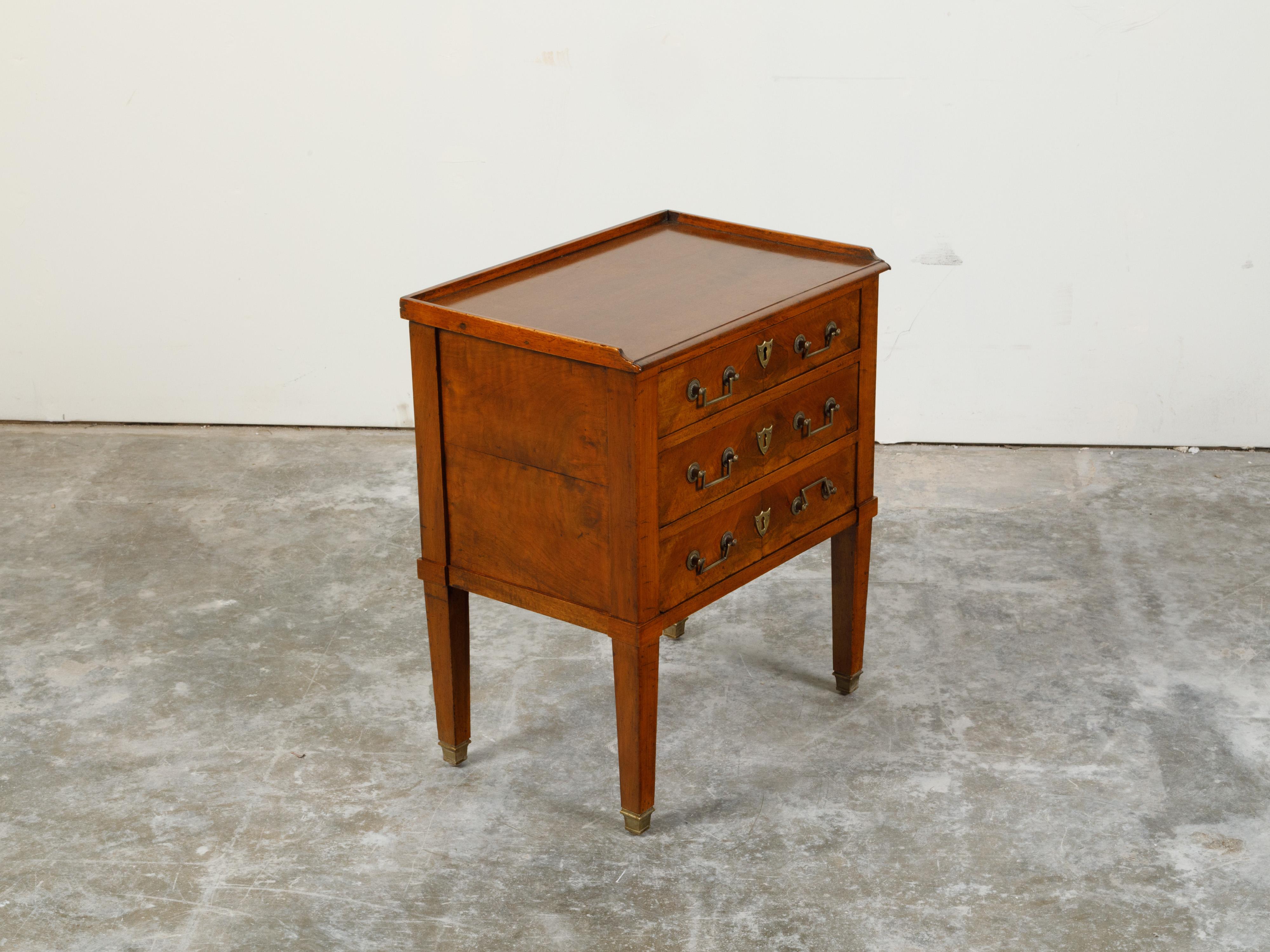Veneer Petite French 19th Century Walnut Bedside Table with Three Drawers and Gallery