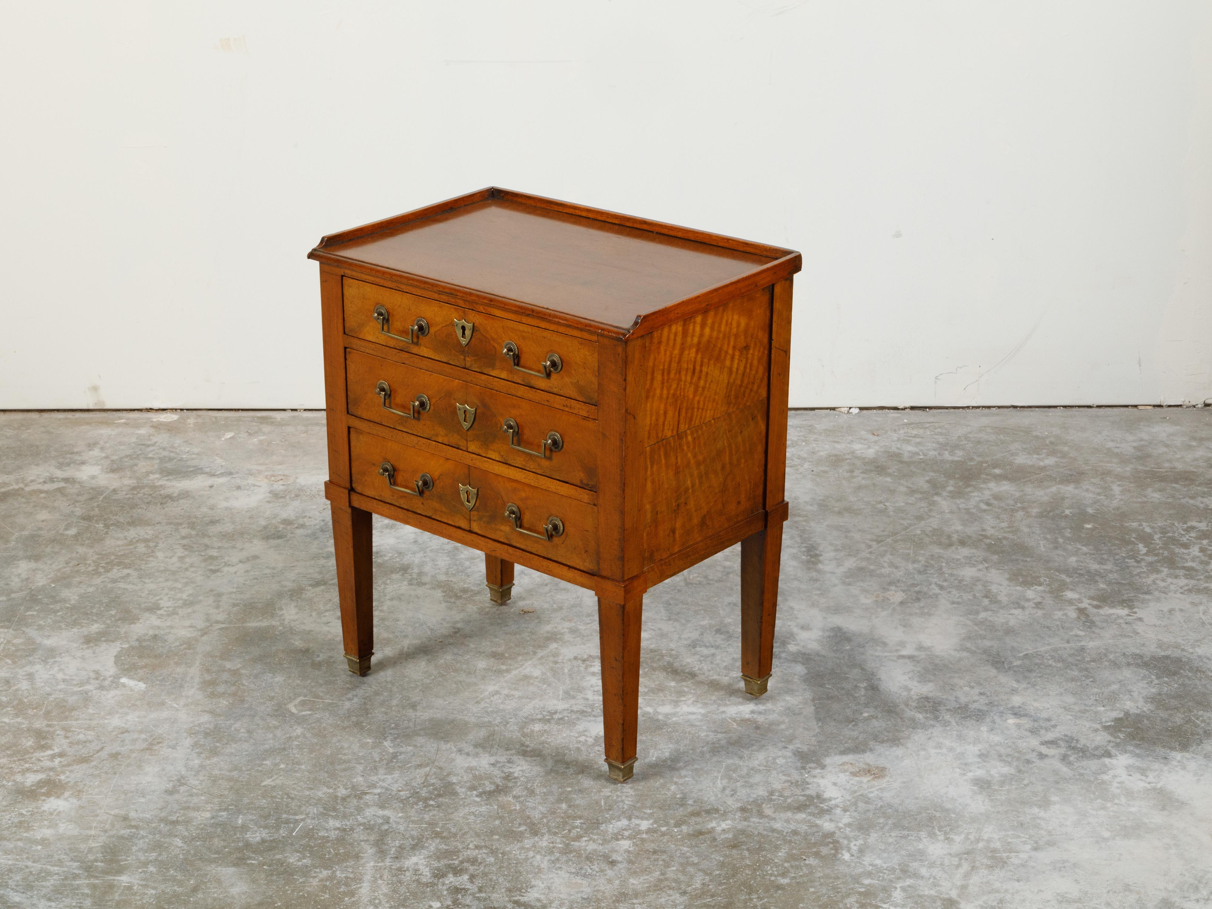 Petite French 19th Century Walnut Bedside Table with Three Drawers and Gallery 3