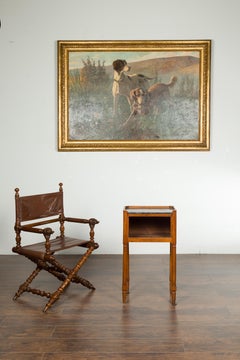 Petite French 19th Century Walnut Table with Open Shelf and Black Marble Top