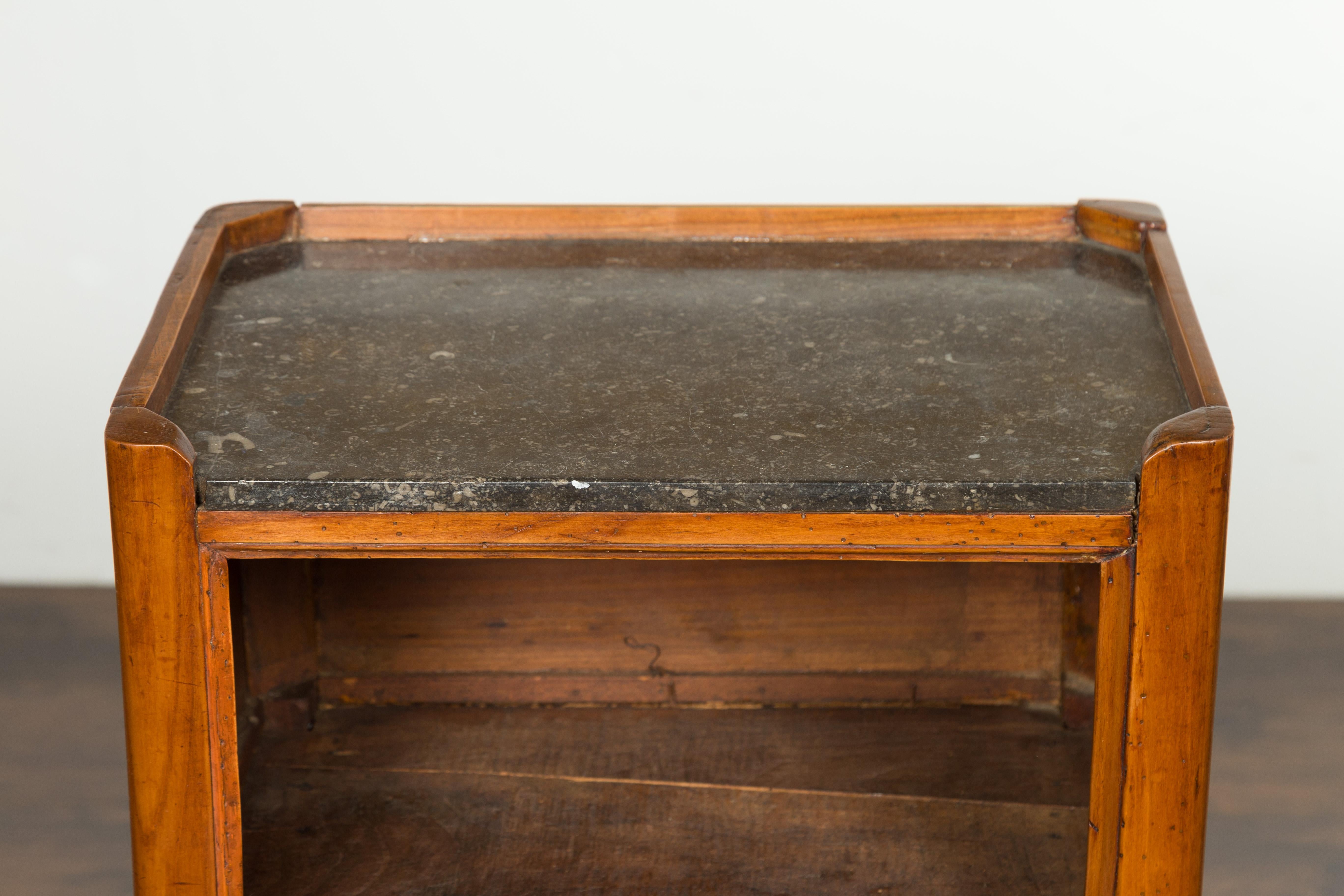 Petite French 19th Century Walnut Table with Open Shelf and Black Marble Top For Sale 1