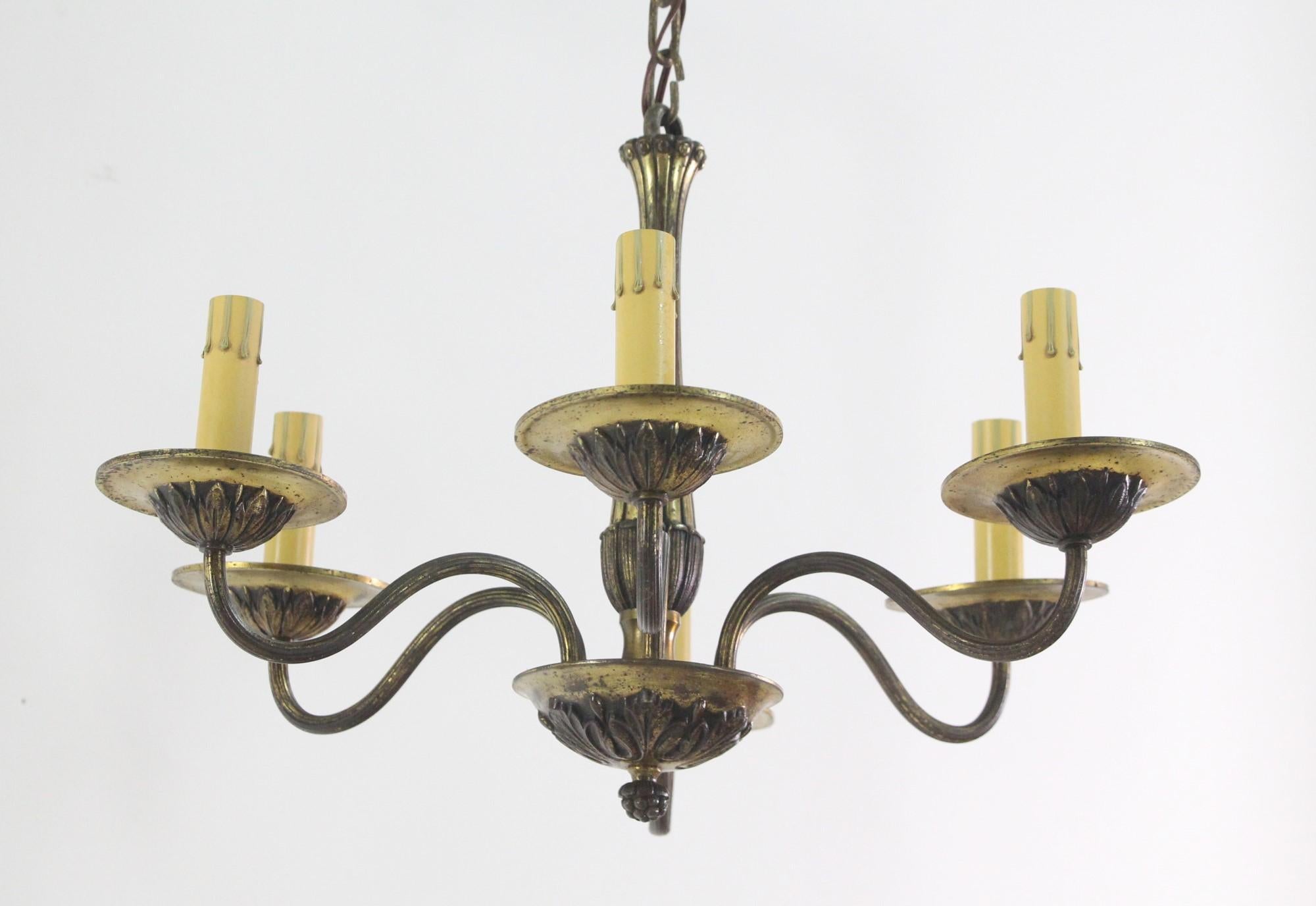 Early 1900's small French style chandelier with leaf detail and natural patina. This petite 6 arm light measures 19.5