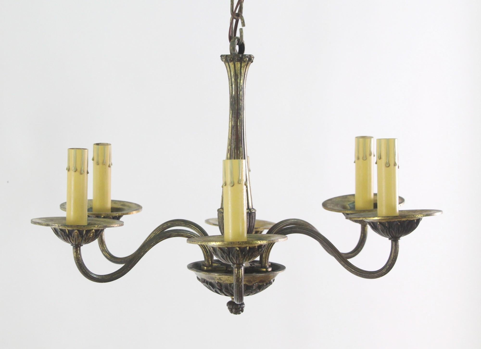 French Provincial Petite French 6 Light Brass Chandelier Elegant Design Early 1900's For Sale