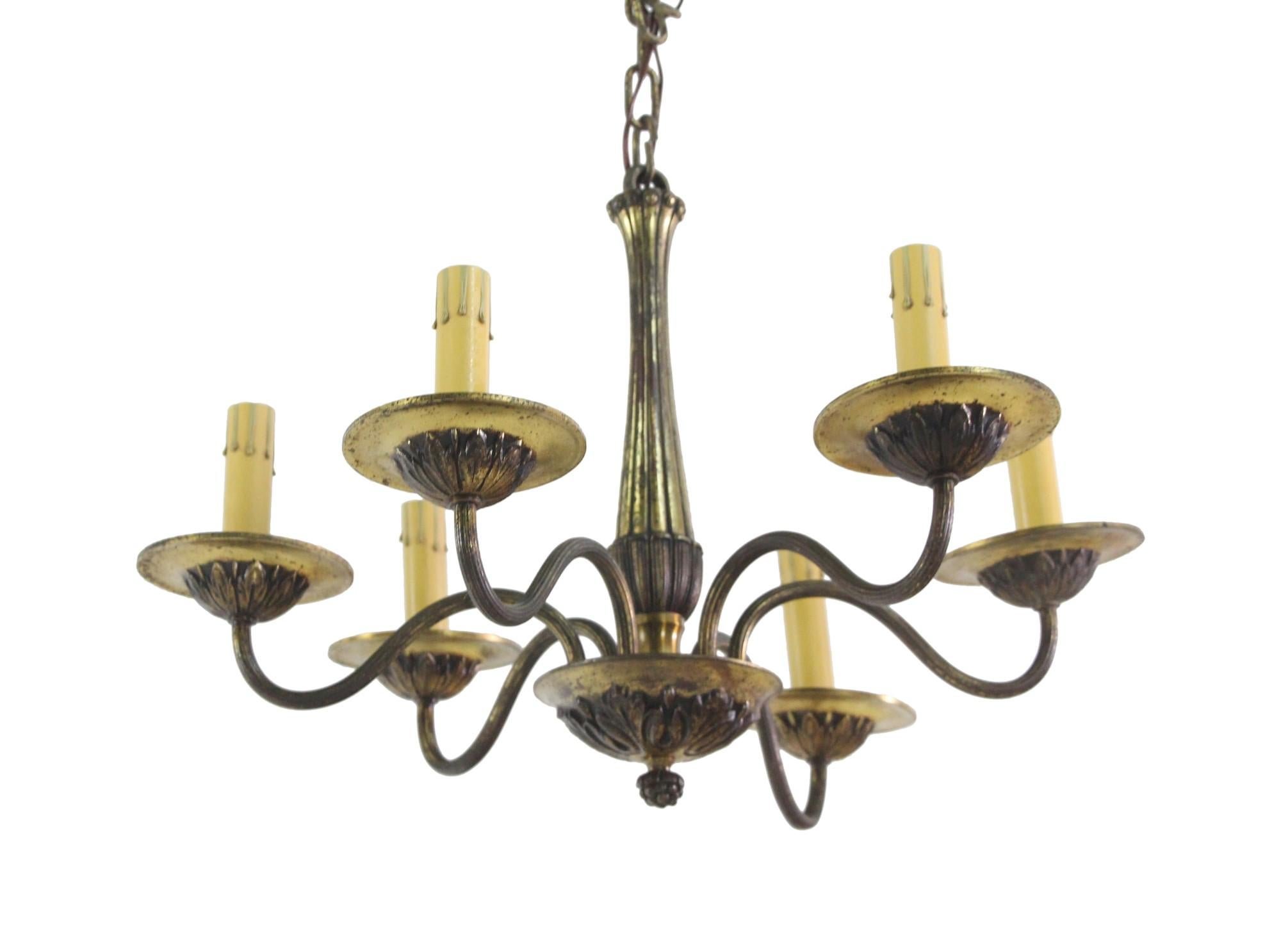 Petite French 6 Light Brass Chandelier Elegant Design Early 1900's In Good Condition For Sale In New York, NY