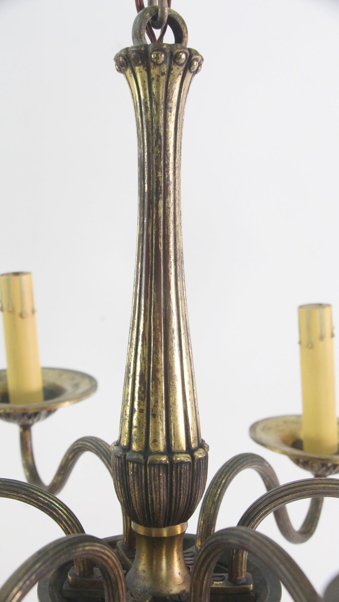 20th Century Petite French 6 Light Brass Chandelier Elegant Design Early 1900's For Sale