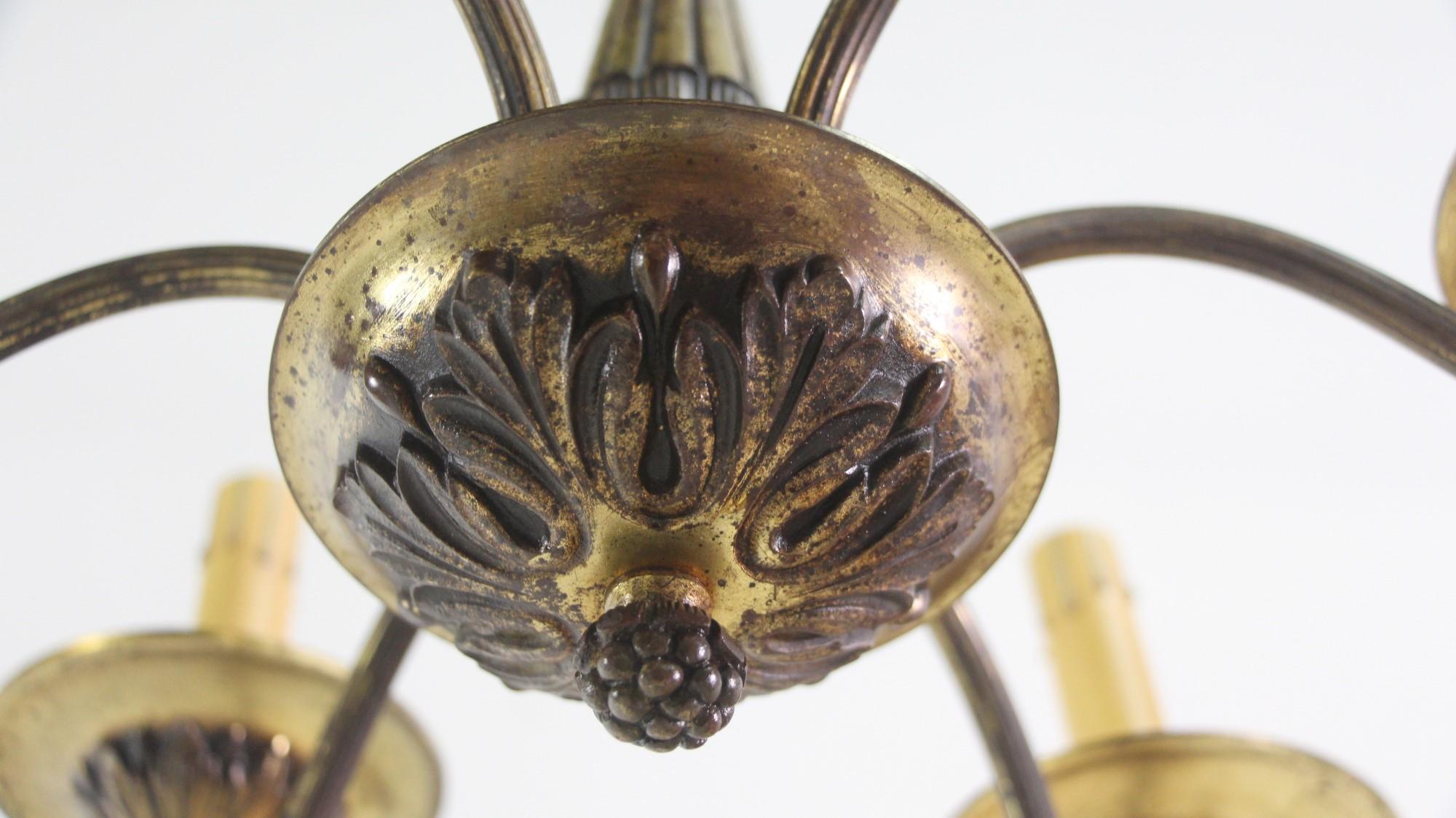 Petite French 6 Light Brass Chandelier Elegant Design Early 1900's For Sale 3