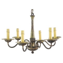 Petite French 6 Light Brass Chandelier Elegant Design Early 1900's