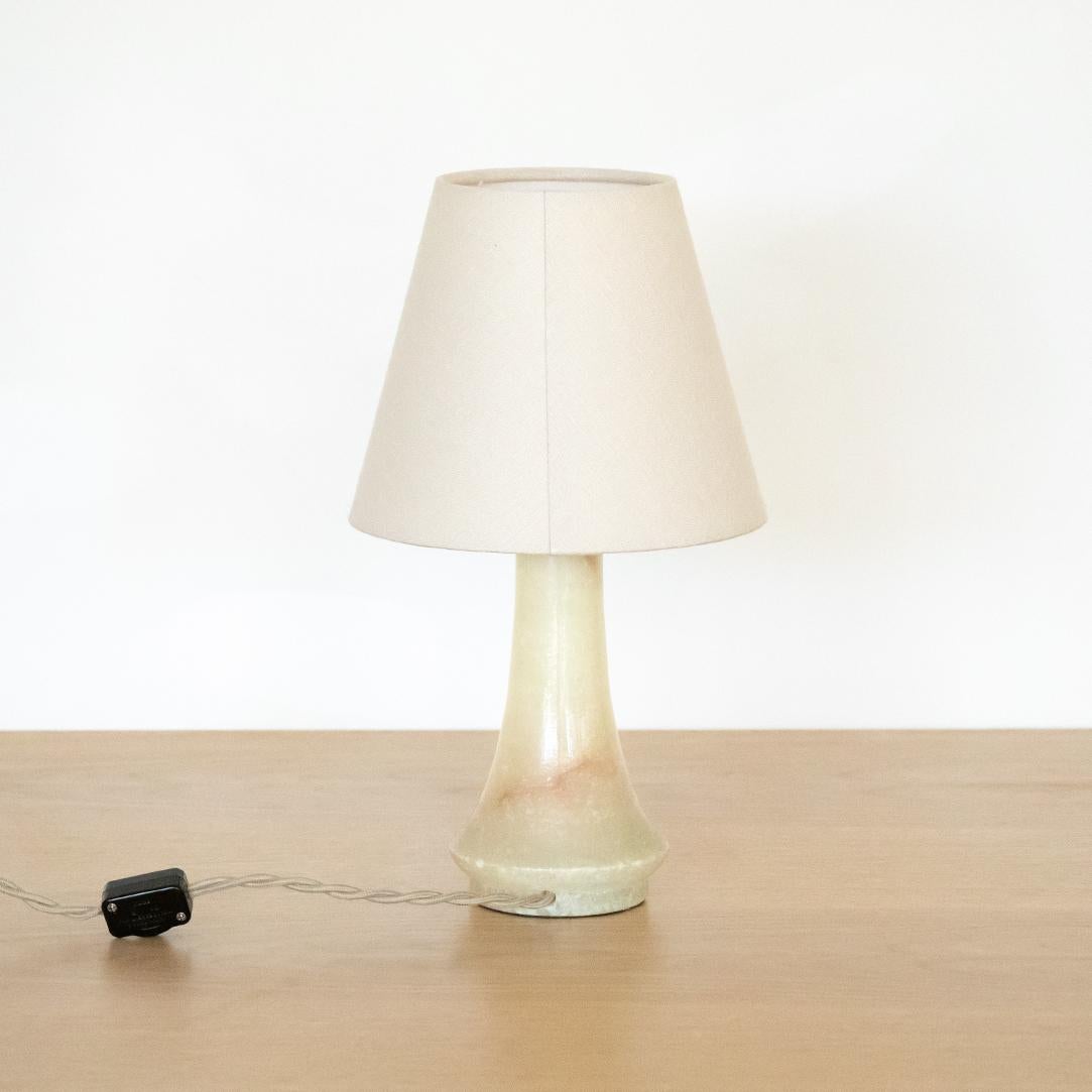 Petite French alabaster table lamp with new oyster linen shade. Newly re-wired.