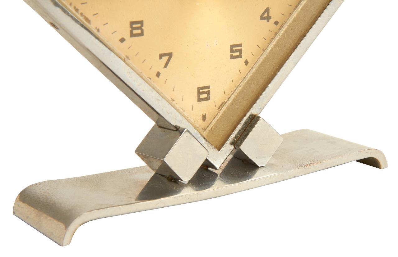 Plated Petite French Art Deco Chrome Geometric Diamond Shaped Desk Clock For Sale