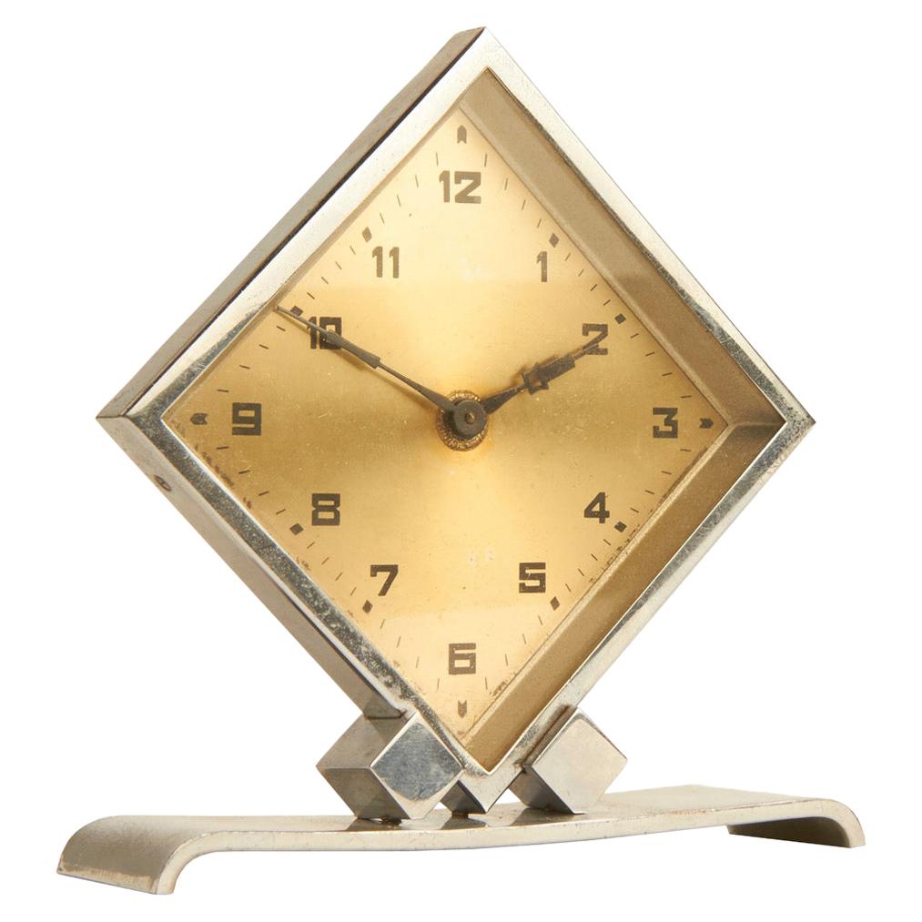 Petite French Art Deco Chrome Geometric Diamond Shaped Desk Clock For Sale