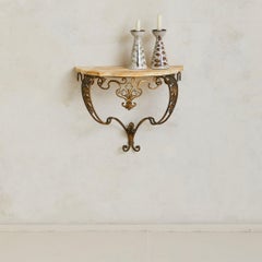 Petite French Brass + Marble Wall-Mounted Console, 1940s - 2 Available