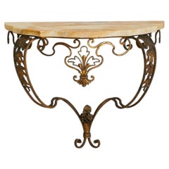 Petite French Brass + Marble Wall-Mounted Console, 1940s - 2 Available