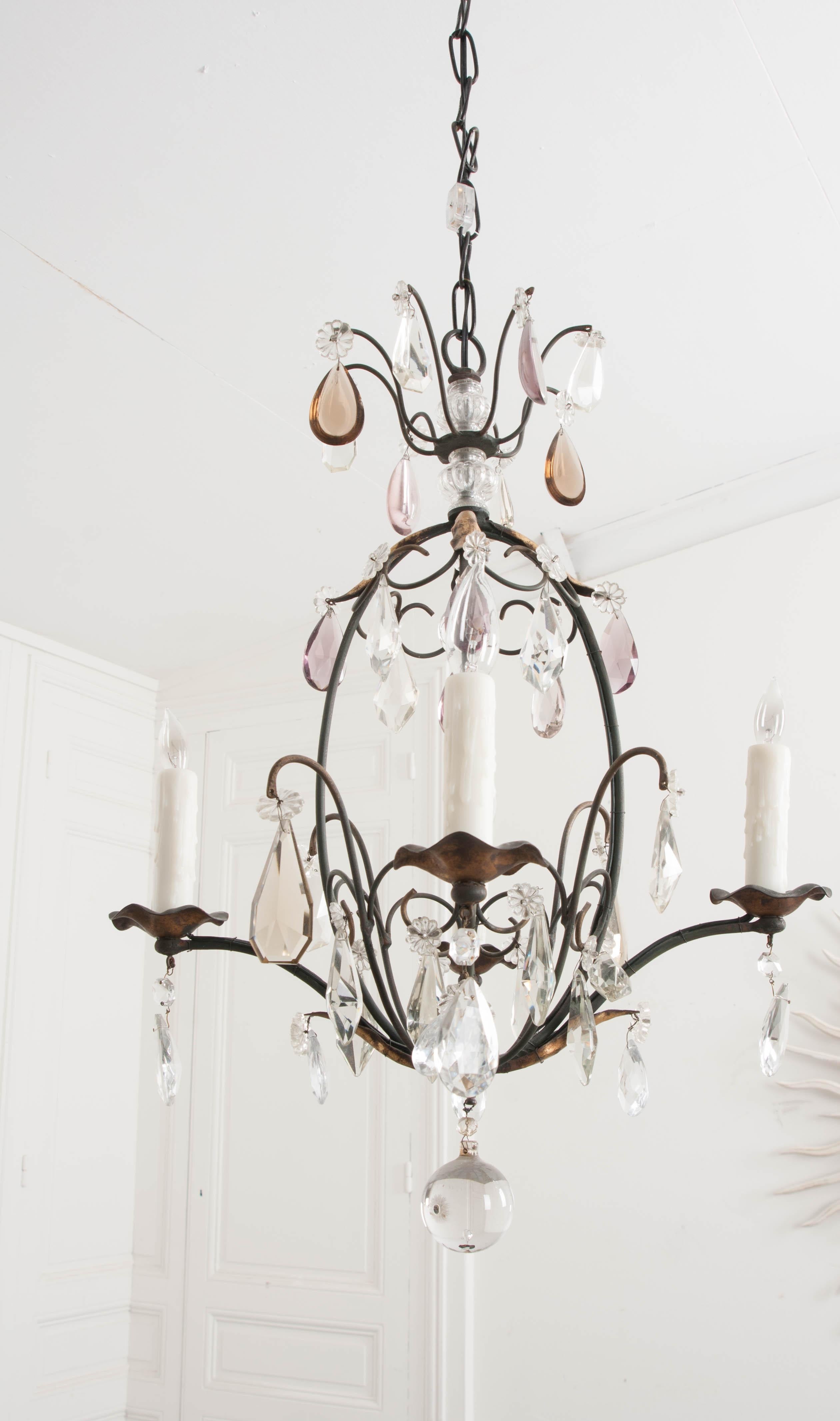 Faceted Petite French Cut-Crystal and Wrought Iron Four-Light Chandelier