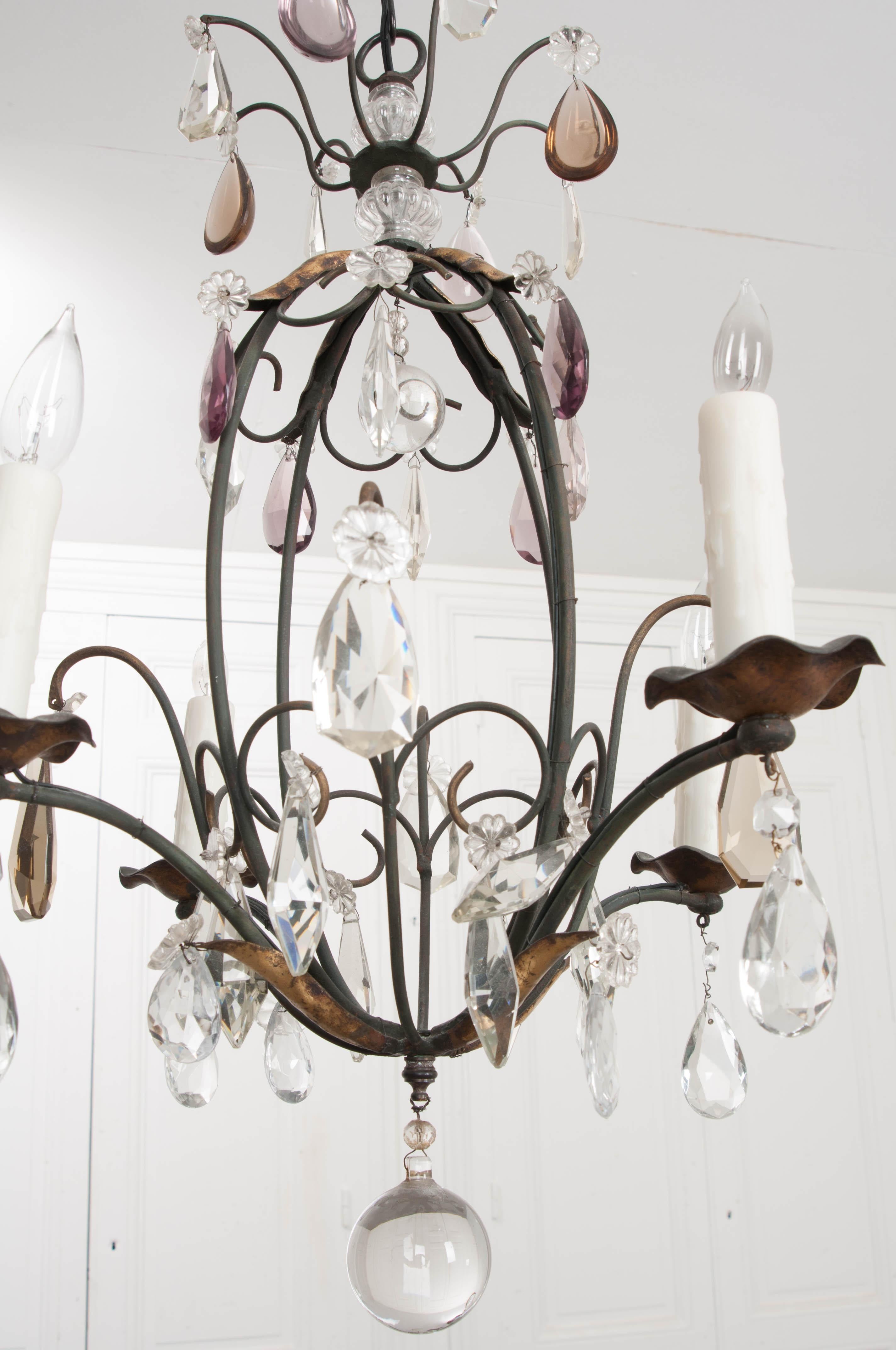 Petite French Cut-Crystal and Wrought Iron Four-Light Chandelier In Good Condition In Baton Rouge, LA