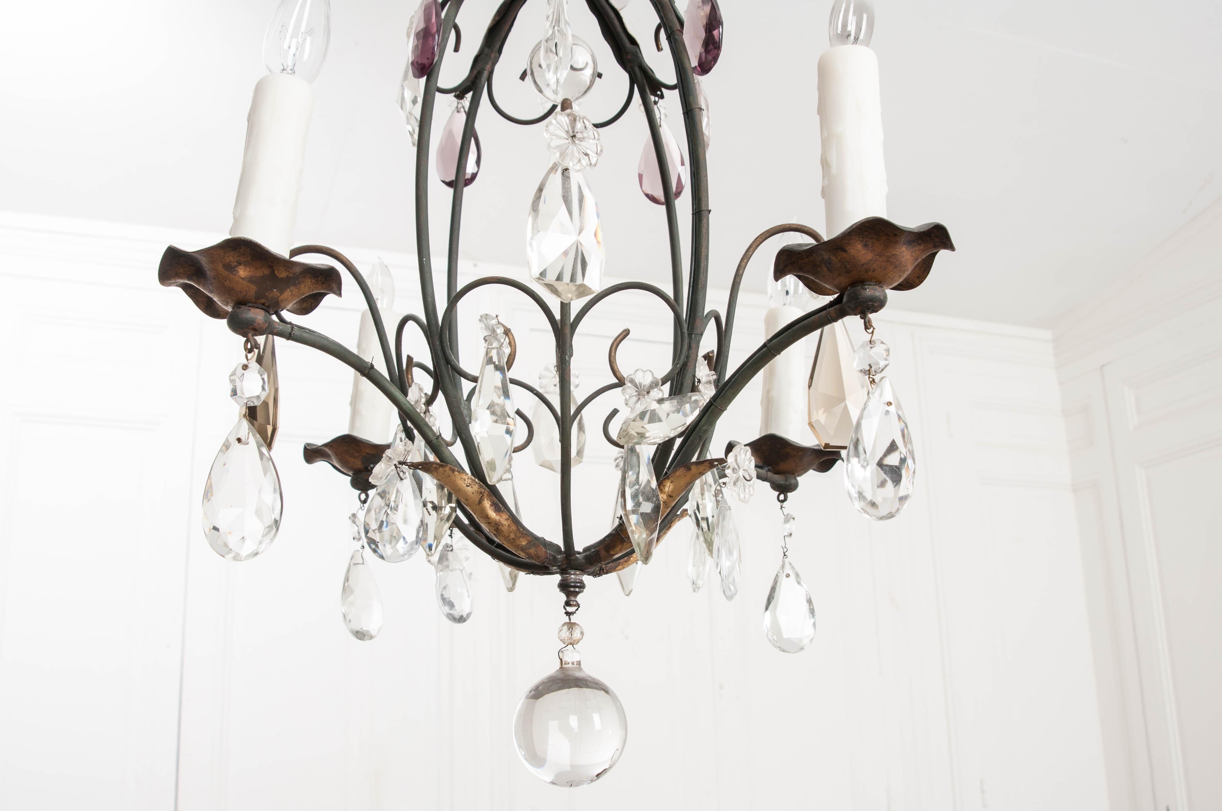 Petite French Cut-Crystal and Wrought Iron Four-Light Chandelier 1