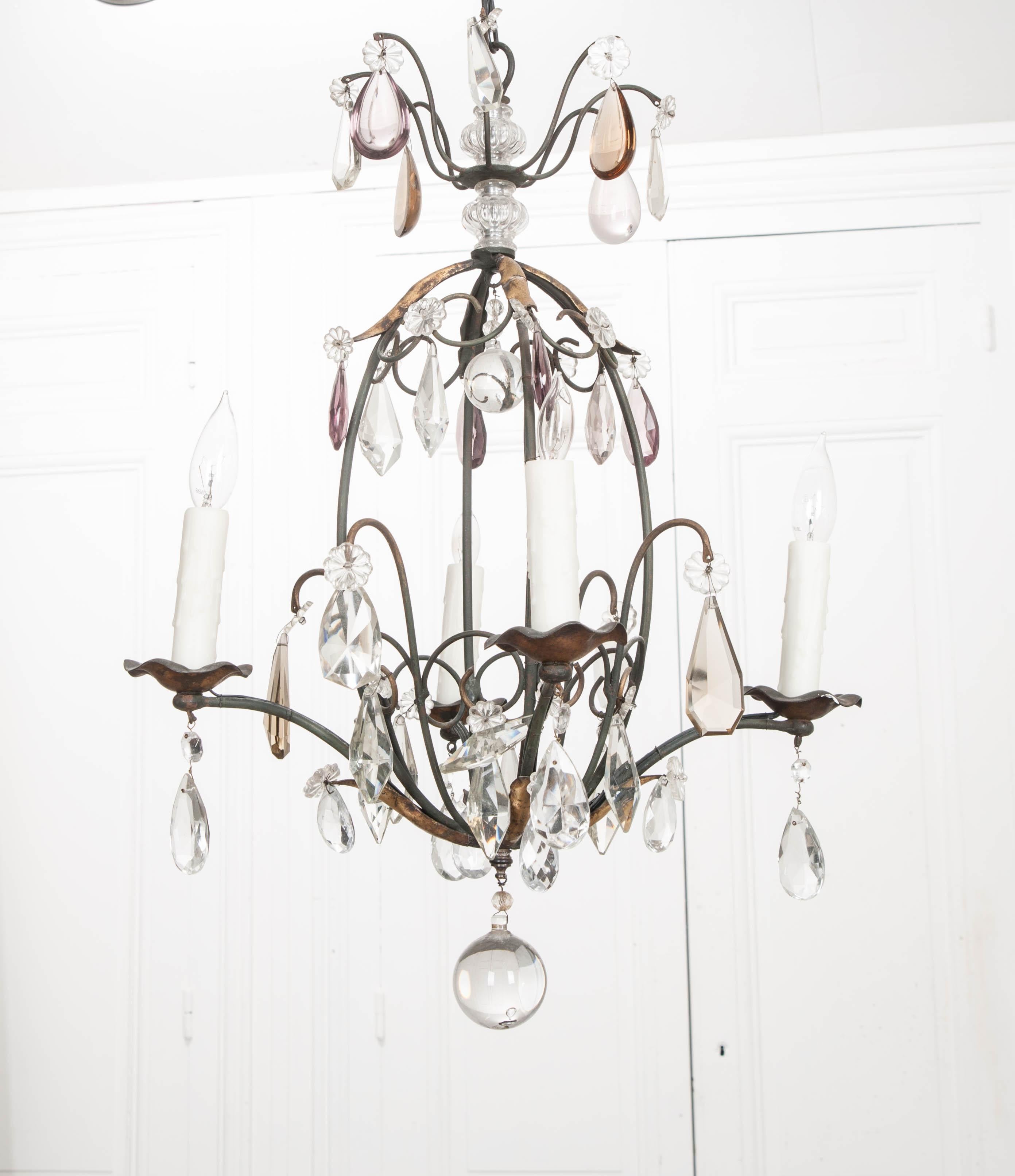 Petite French Cut-Crystal and Wrought Iron Four-Light Chandelier 4