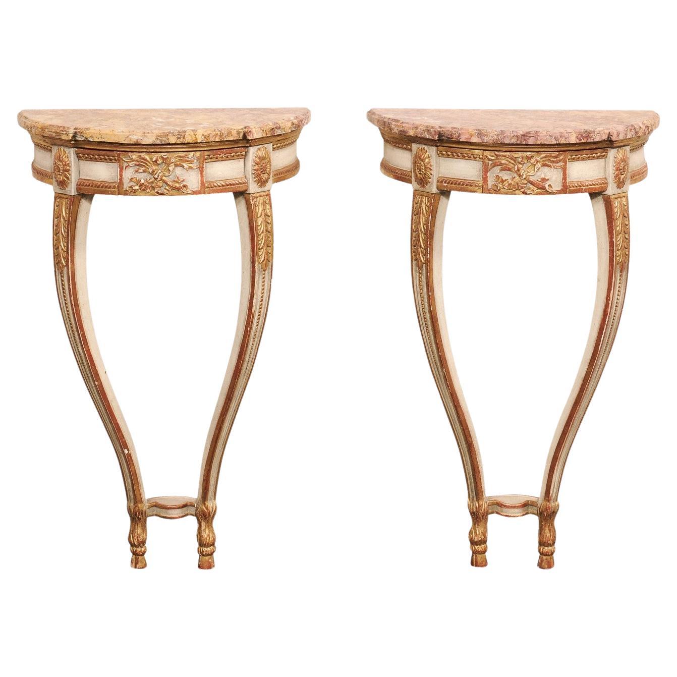Petite French Demi-Lune Wall-Mounted Consoles w/Original Finish 
Marble Tops For Sale