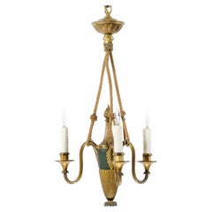 Petite French Empire Style Green Painted & Gilt Chandelier with 3 arms, ca. 1920