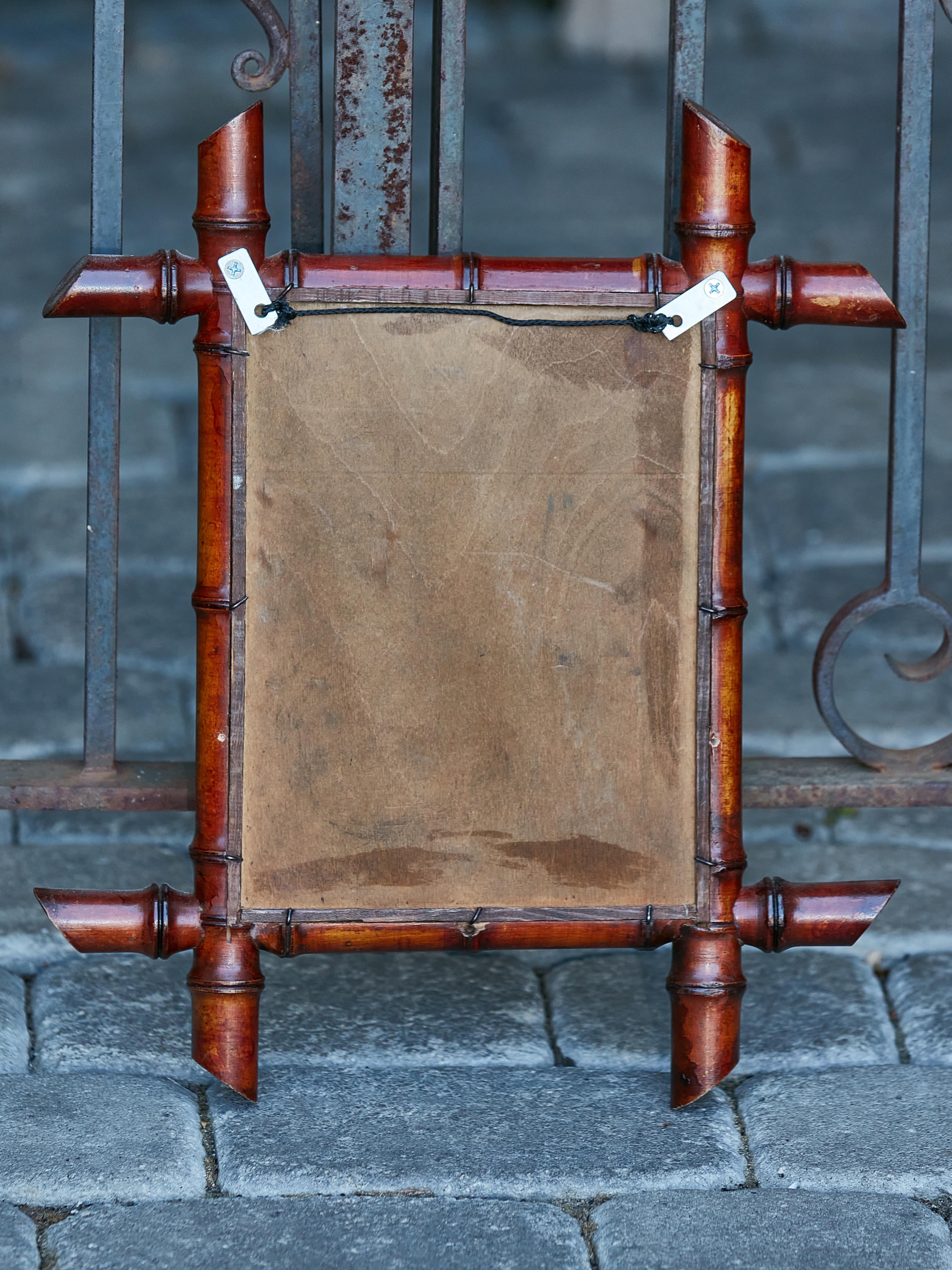 Petite French Faux Bamboo Walnut Mirror circa 1920 with Slanted Accents For Sale 2