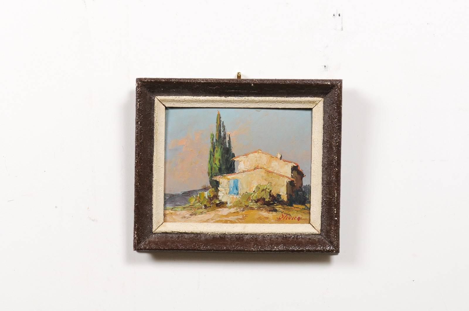 A petite French framed oil painting from the late 19th century from Aix-en-Provence, depicting a country Provençal scene. Born during the later years of the tumultuous 19th century, this petite painting was found in Aix-en-Provence, birth place of