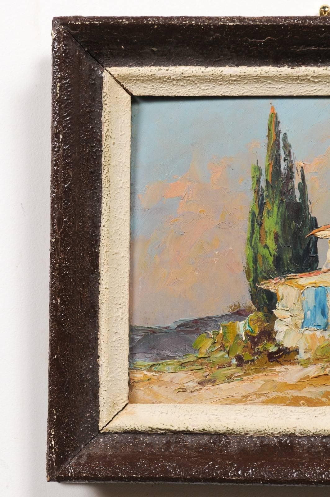 Painted Petite French Framed Oil Painting Depicting a Provençal Country Scene, 1890s