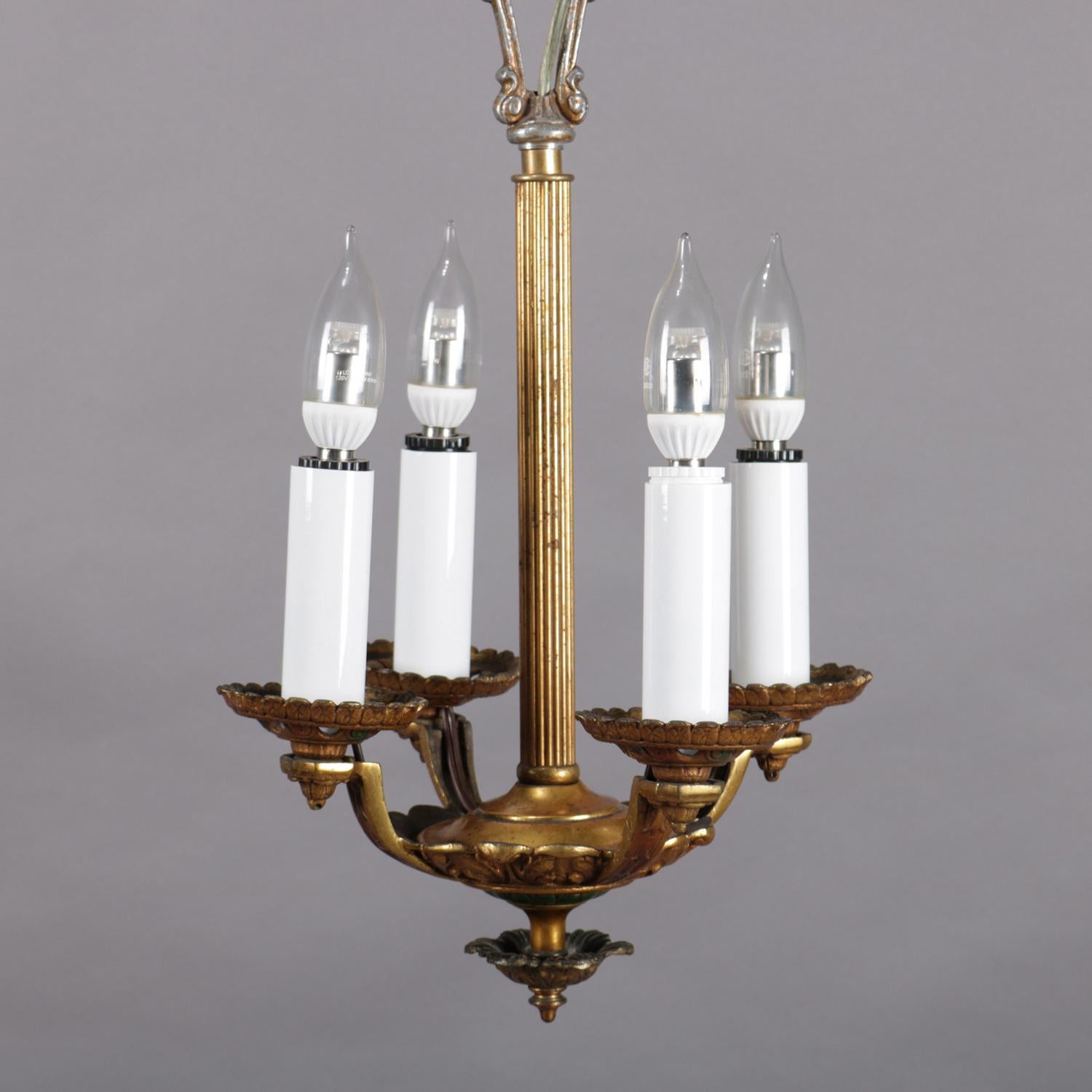 Petite French Gilt 4-Candle Light Hall Chandelier, 20th Century In Good Condition In Big Flats, NY