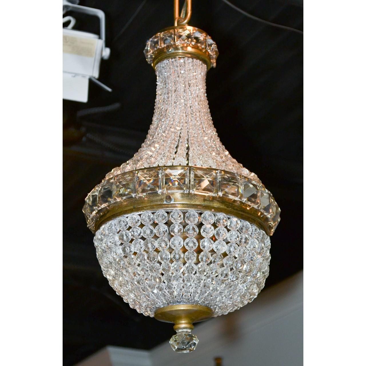 Faceted Petite French Gilt Bronze and Crystal Basket Chandelier