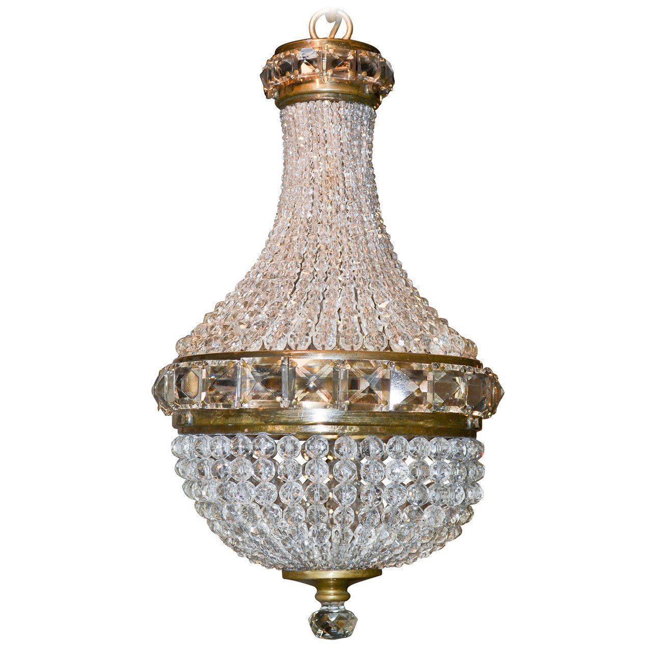 Petite French Gilt Bronze and Crystal Basket Chandelier