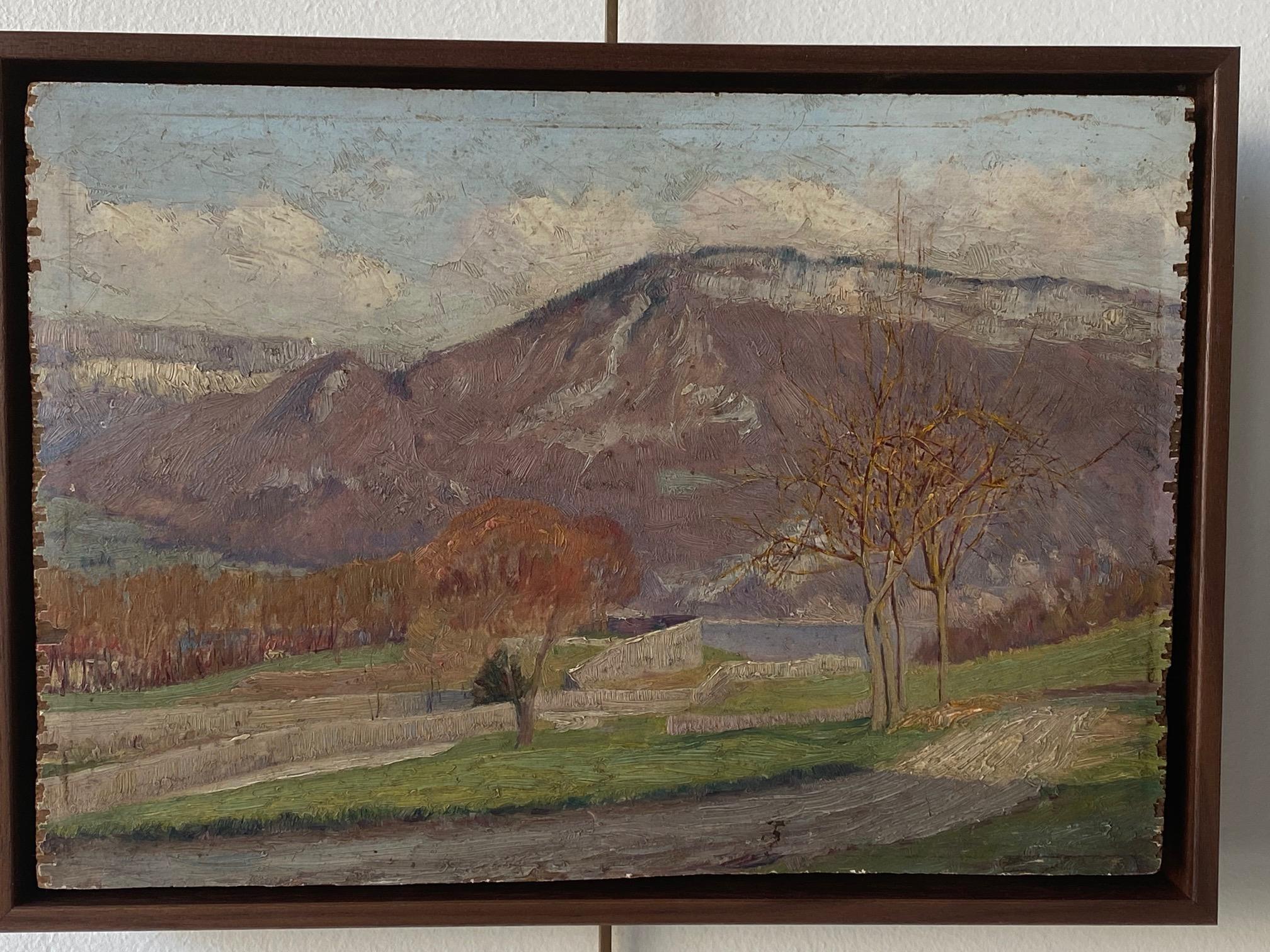Vintage landscape with rustic edges, oil on wood. Newly framed in a walnut floater.