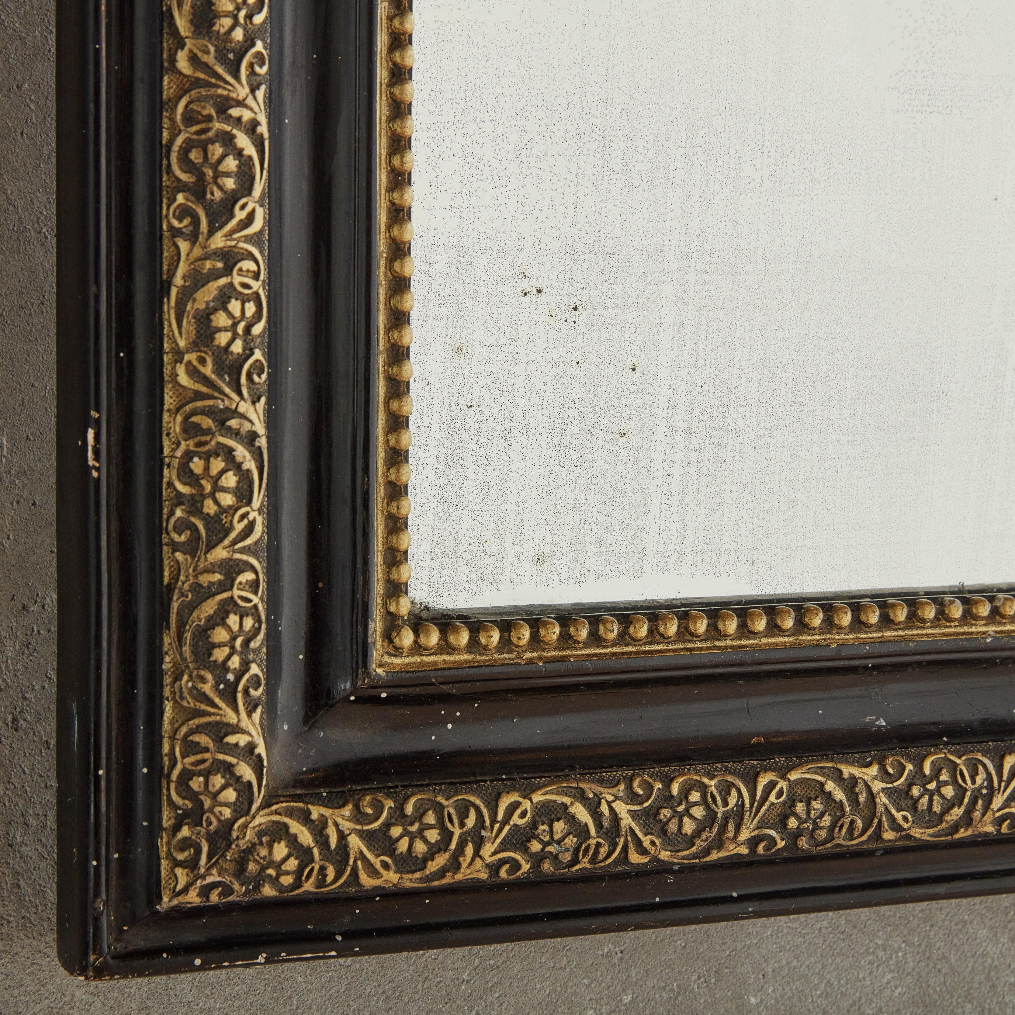 Espejo de pared Petite francés Louis Philippe de madera negra con detalles dorados 1