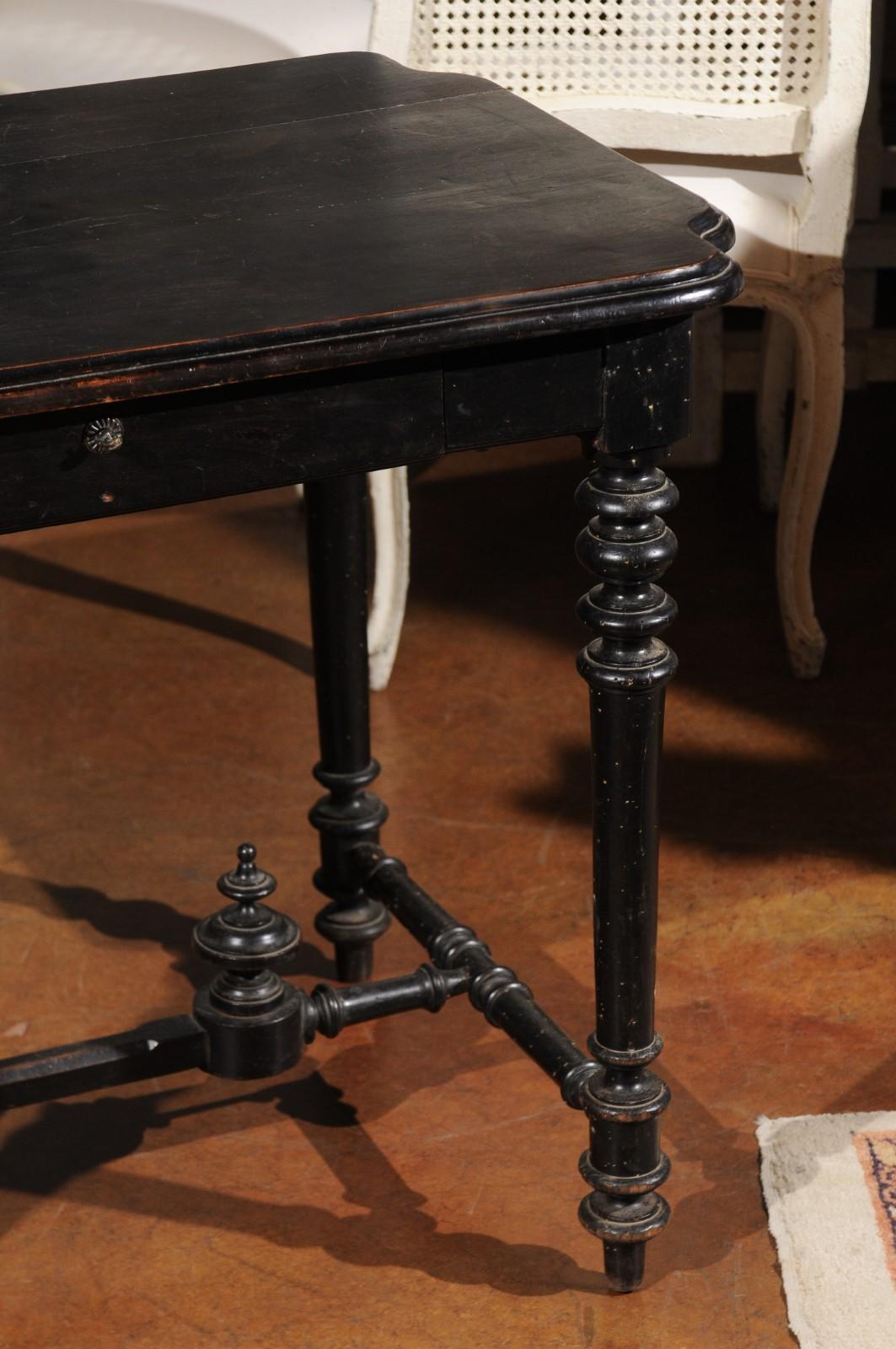 Petite French Louis XIII Style Ebonized Side Table with Drawer and Turned Legs 5