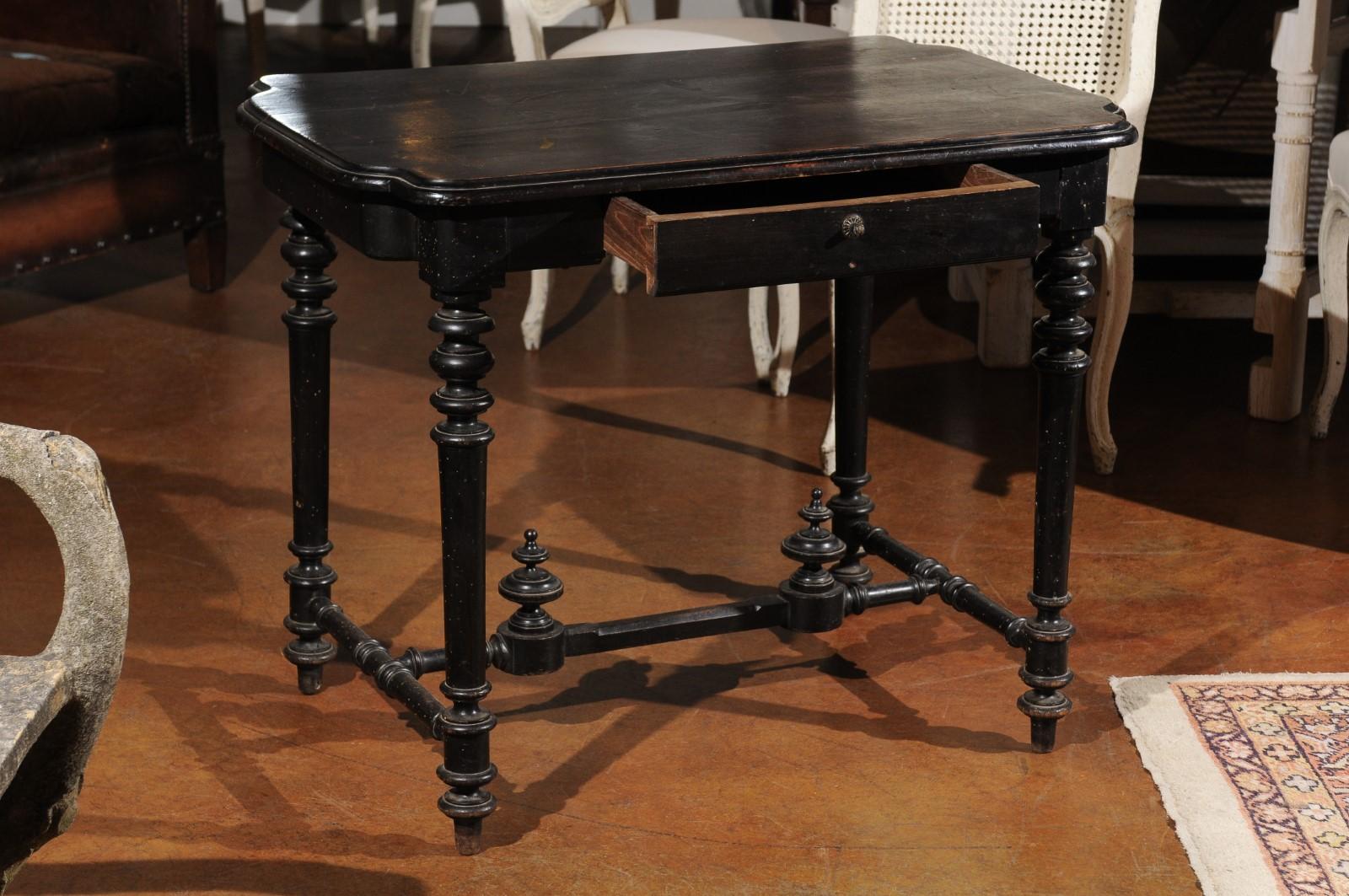 Petite French Louis XIII Style Ebonized Side Table with Drawer and Turned Legs 7