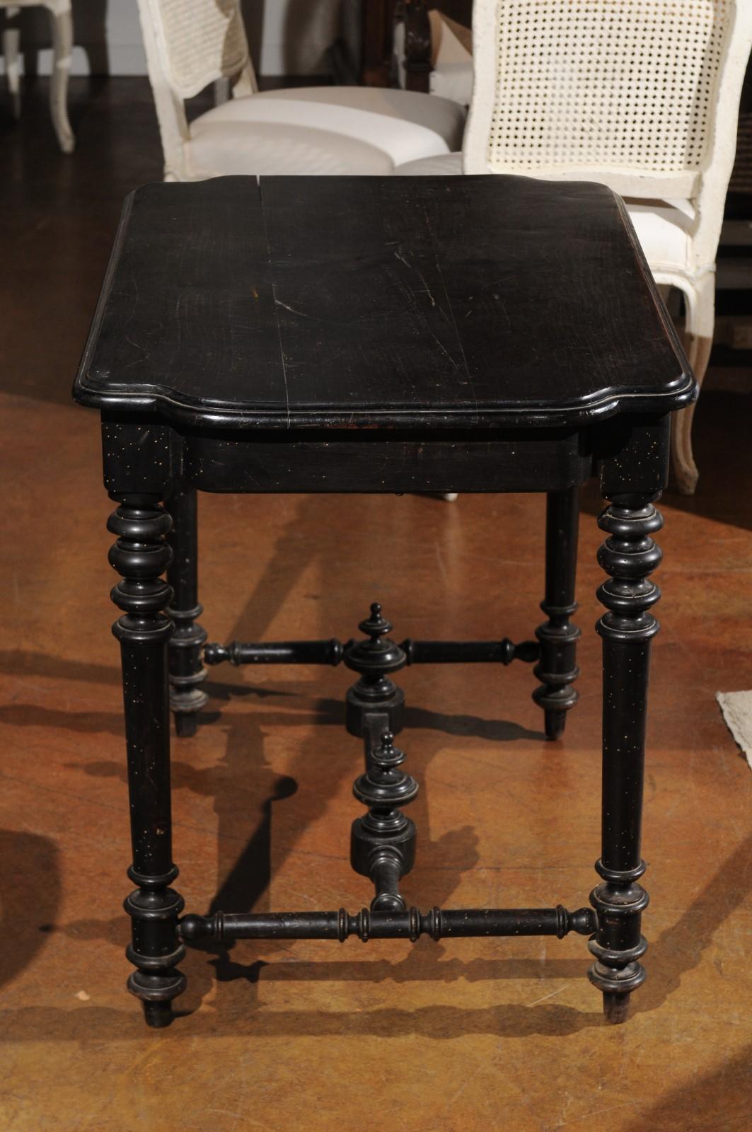 Petite French Louis XIII Style Ebonized Side Table with Drawer and Turned Legs In Good Condition In Atlanta, GA