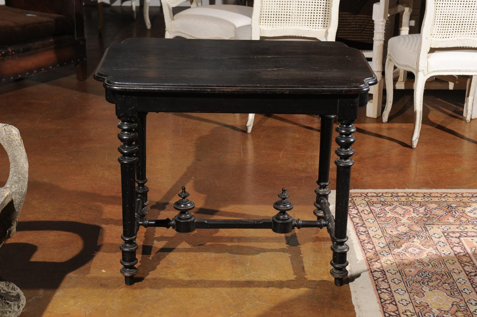 19th Century Petite French Louis XIII Style Ebonized Side Table with Drawer and Turned Legs