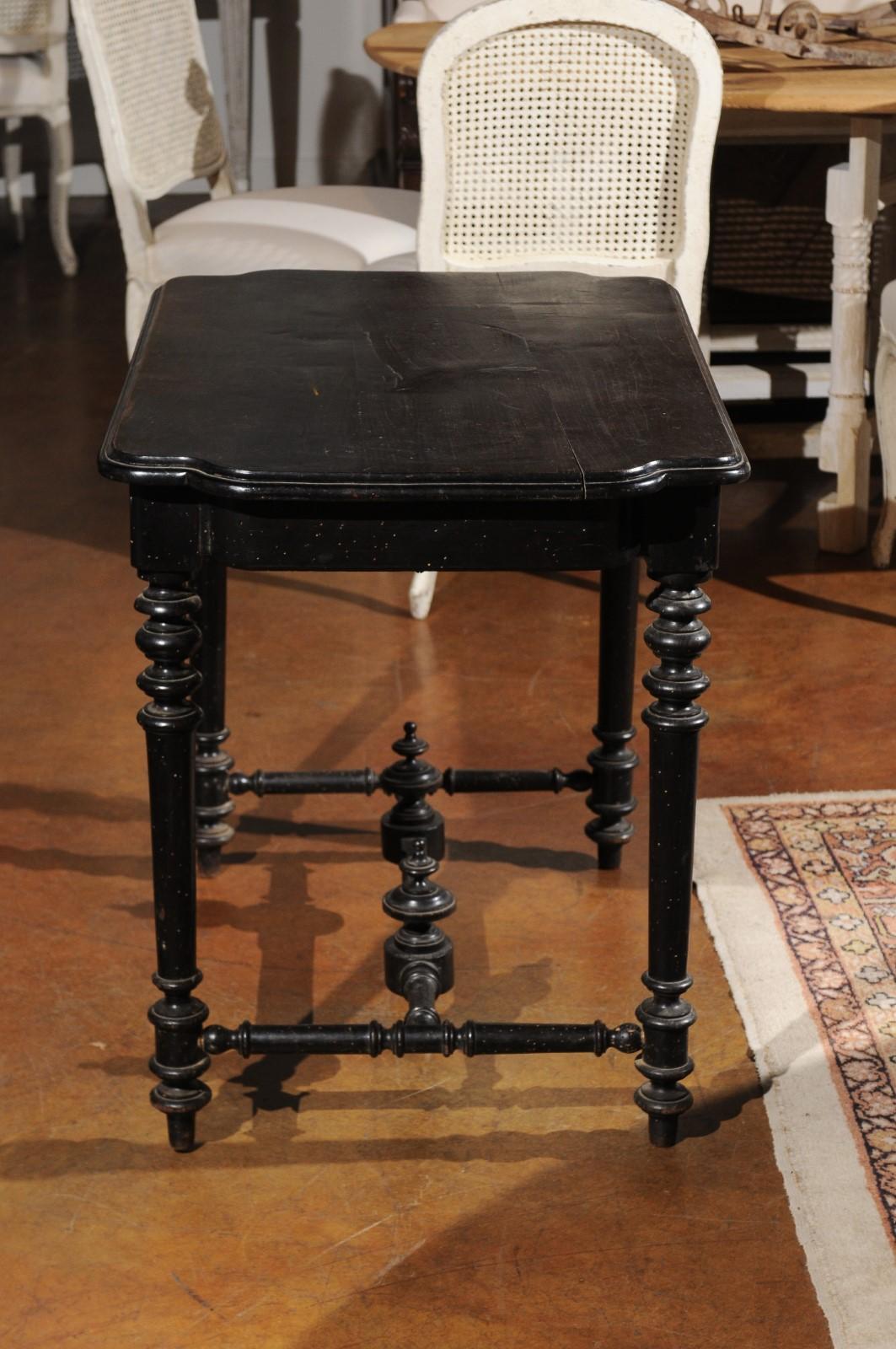Wood Petite French Louis XIII Style Ebonized Side Table with Drawer and Turned Legs