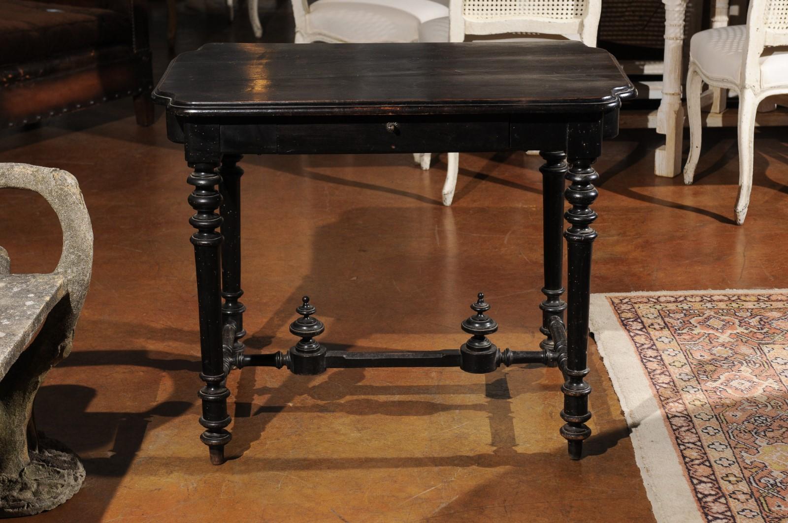 Petite French Louis XIII Style Ebonized Side Table with Drawer and Turned Legs 1