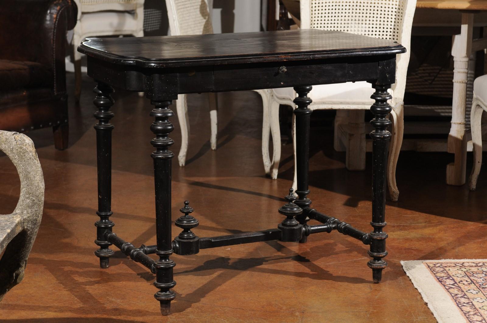 Petite French Louis XIII Style Ebonized Side Table with Drawer and Turned Legs 2