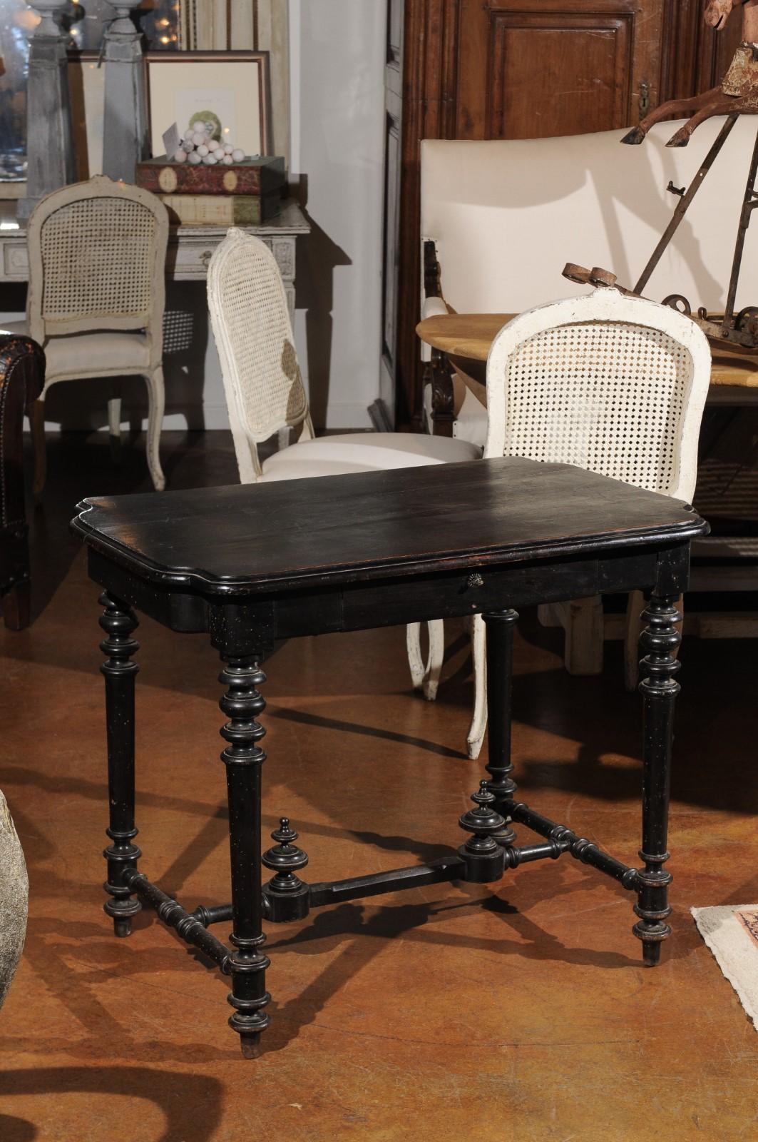 Petite French Louis XIII Style Ebonized Side Table with Drawer and Turned Legs 3