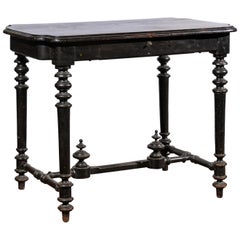 Antique Petite French Louis XIII Style Ebonized Side Table with Drawer and Turned Legs