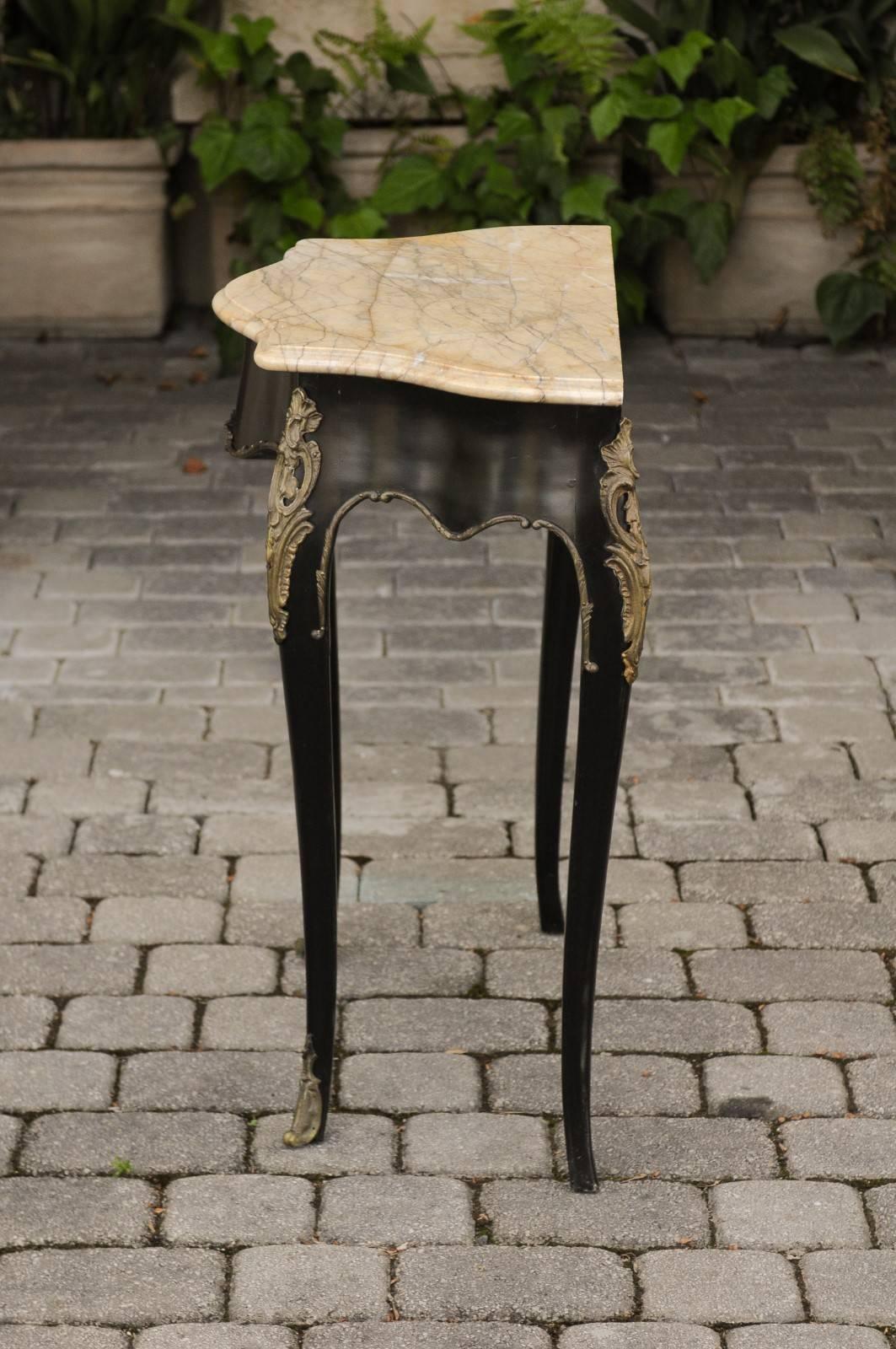 Petite French Louis XV Style Ebonized Table with Marble Top and Bronze Mounts 7