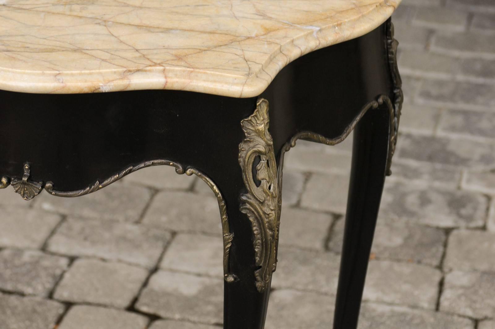 Petite French Louis XV Style Ebonized Table with Marble Top and Bronze Mounts 2