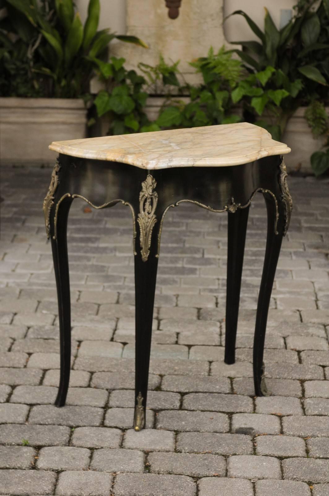 Petite French Louis XV Style Ebonized Table with Marble Top and Bronze Mounts 4
