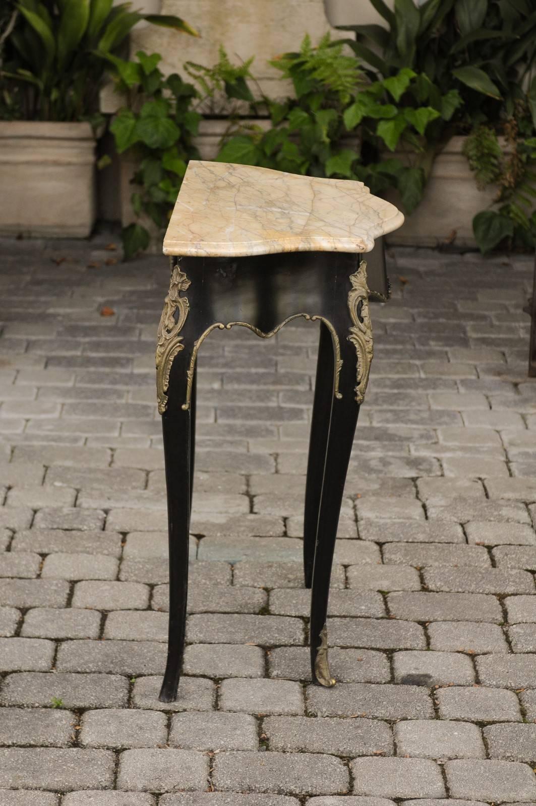 Petite French Louis XV Style Ebonized Table with Marble Top and Bronze Mounts 5