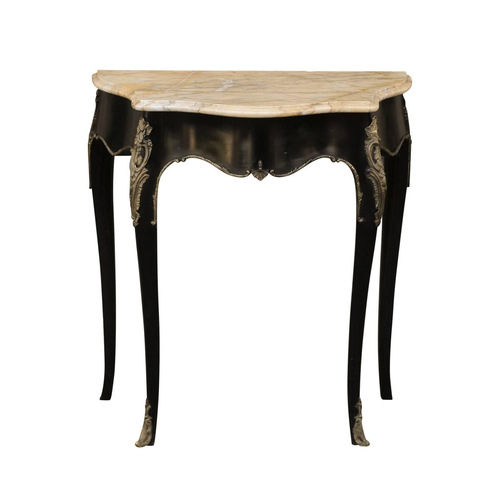 Petite French Louis XV Style Ebonized Table with Marble Top and Bronze Mounts